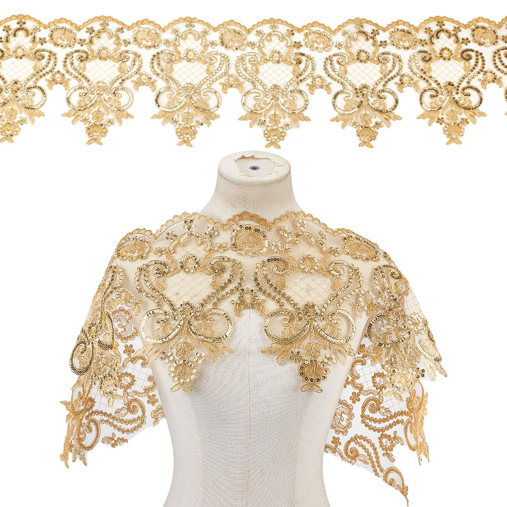 WADORN 1 Yards Sequin Flower Embroidery Lace Ribbon, 9.45 Inch Vintage Floral Sequins Lace Mesh Trim Glitter Edge Embroidered Tulle for DIY Sewing Craft Wedding Dress Bridal Cloth Curtain, Gold