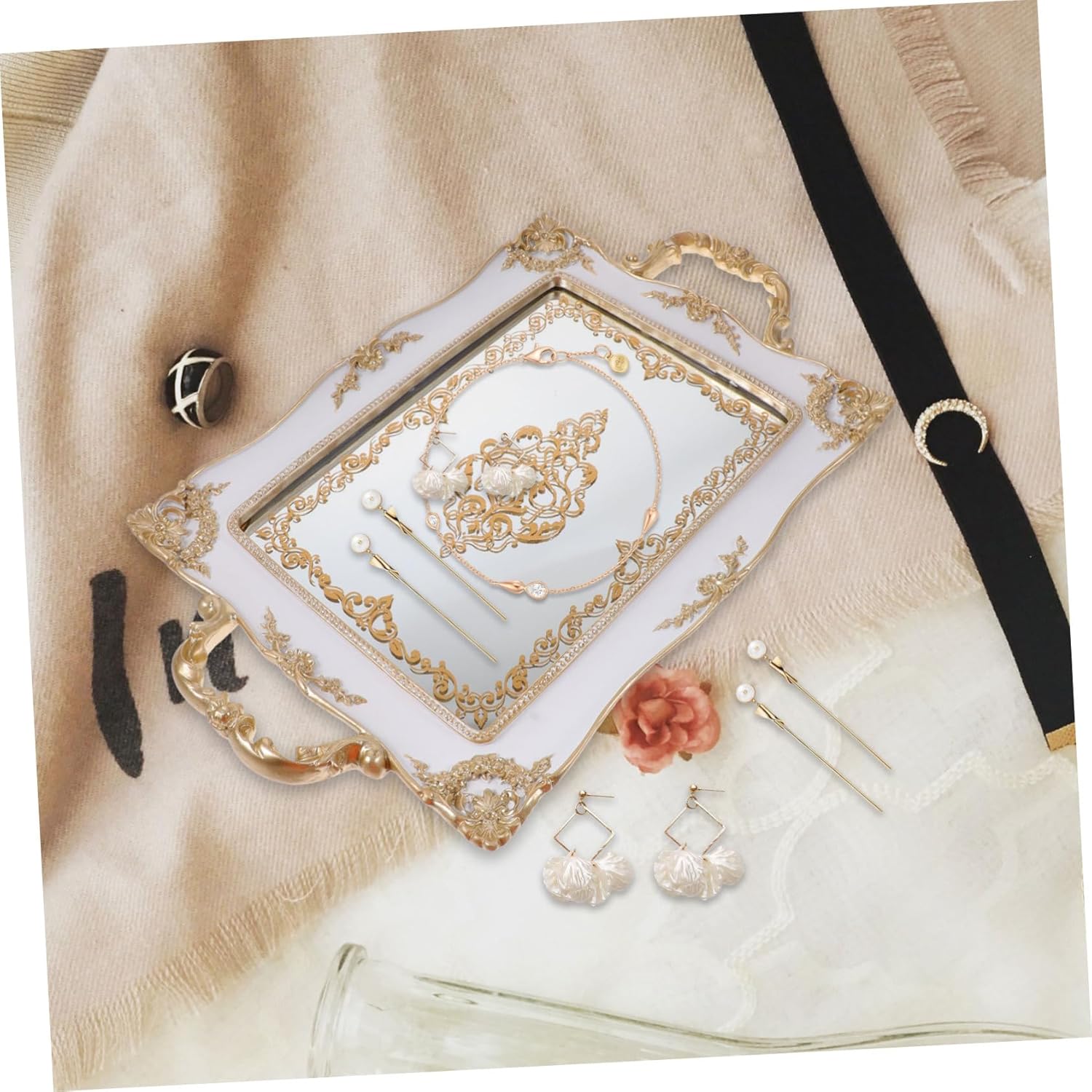 Unique Square Jewelry Display Plate Desktop Tray Dish Multi-Functional Storage Tray for Trinket Jewelry Gold Mirror