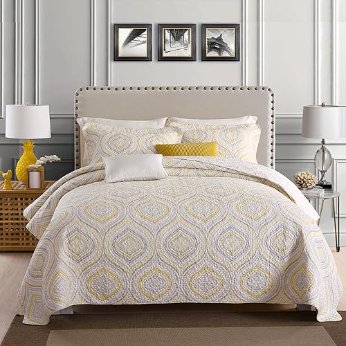 Juego de colcha de retazos de algodón de 3 piezas, tamaño King, para todas las estaciones, color dorado