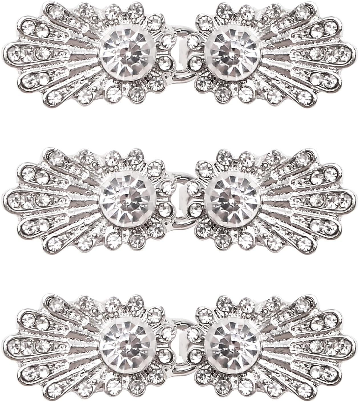 WANDIC Cloak Clasp Fasteners, 3 Pcs 3.6CM Silver Clips with Rhinestone Vintage Cape Sew On Hooks and Eyes Clasps Cardigan Clips for Clothing Sweater Shawl