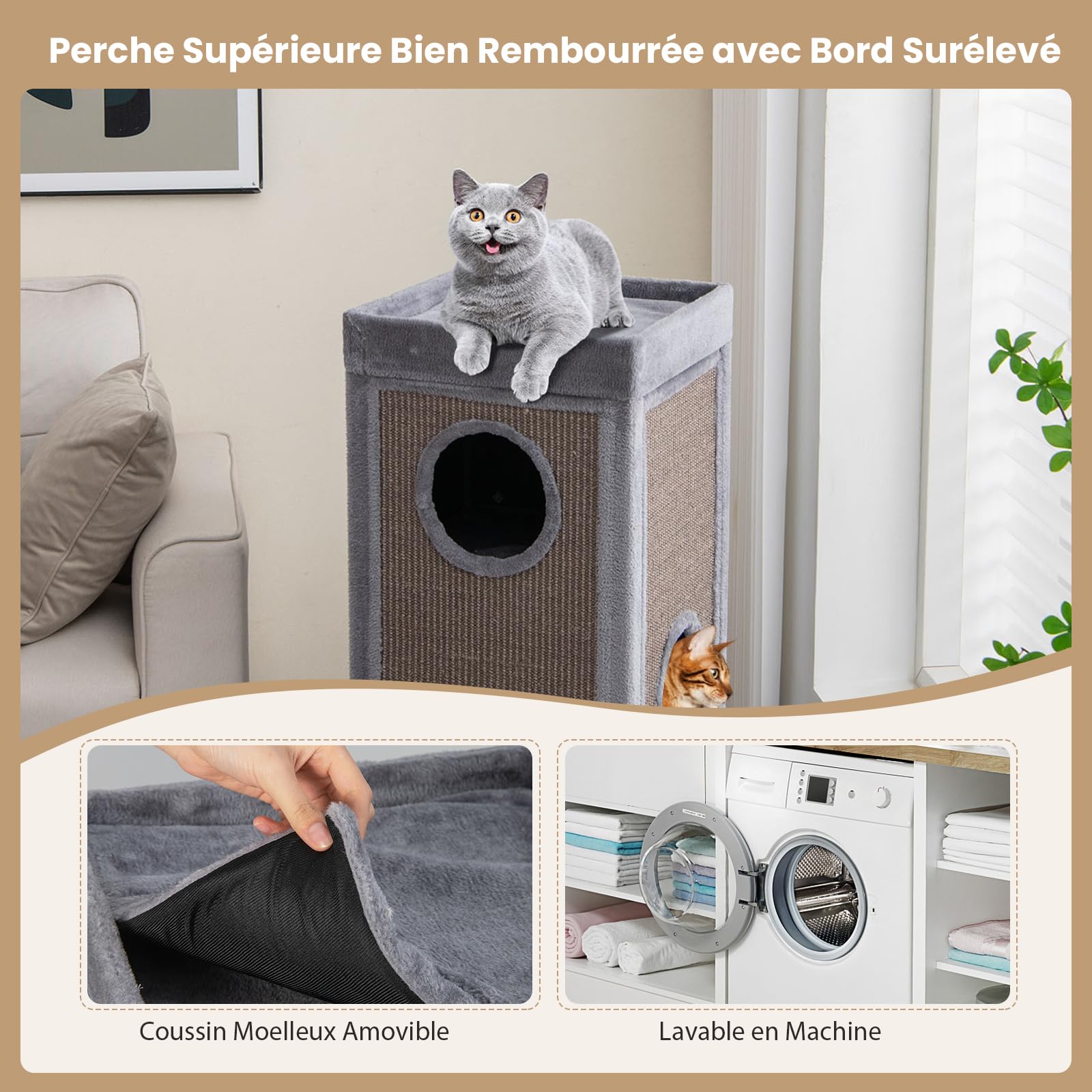 GYMAX Tonneau Griffoir Chat 99cm à 4 Niveaux, 2 Planches à Gratter Revêtues Amovibles, 3 Condos & Perchoir de Peluche Supérieur, Coussins Doux, 3 Entrées, Centre d'Activité pour Chatons d'Intérieur
