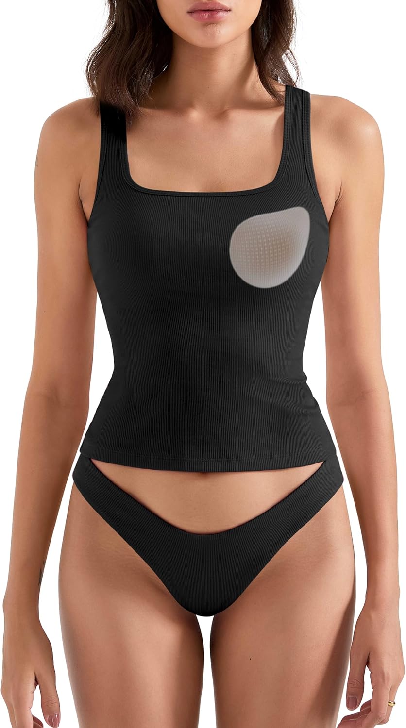 SUUKSESS Women Cotton Rib Squre Neck Tops Sleeveless Summer Padded Basic Tank Top