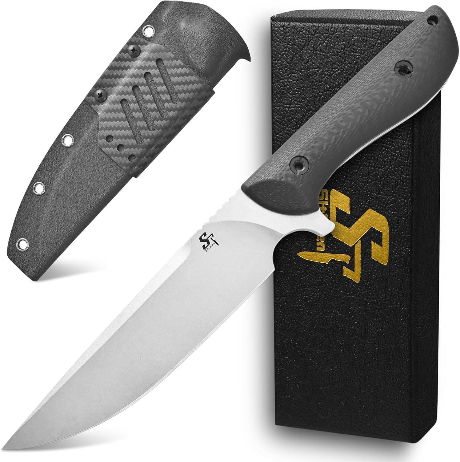 Sitivien ST33 Fixed Blade Knife VG10 Steel Blade Carbon Fiber Handle Full Tang Knife for Outdoor Activities Camping Hunting Fishing(Silver)