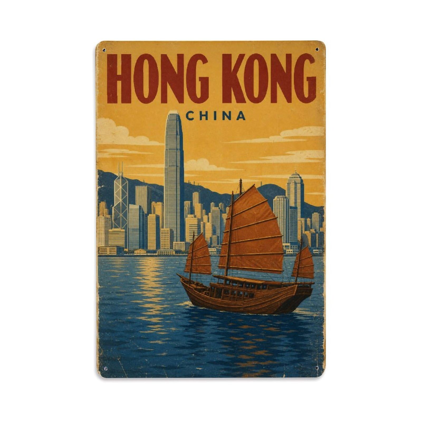 Travel Vintage China Hong Kong Metal Tin Sign Plaque Wall Decor for Cafe, Club Bar, Office, Garden Metal Poster 8x12Inch