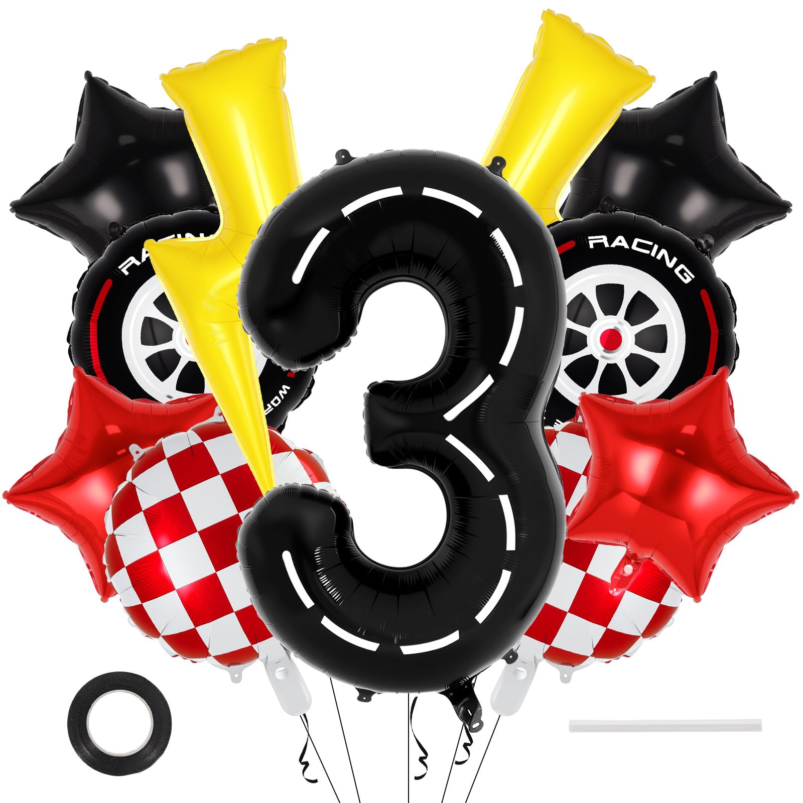 Photo 1 of 11 Pcs Race Car Birthday Balloons, 40 Inch Number 3 Racetrack Foil Balloons, Lightning Tire Star Checkered Mylar Balloon for Race Car Themed Birthday Party Decorations (Number 3)