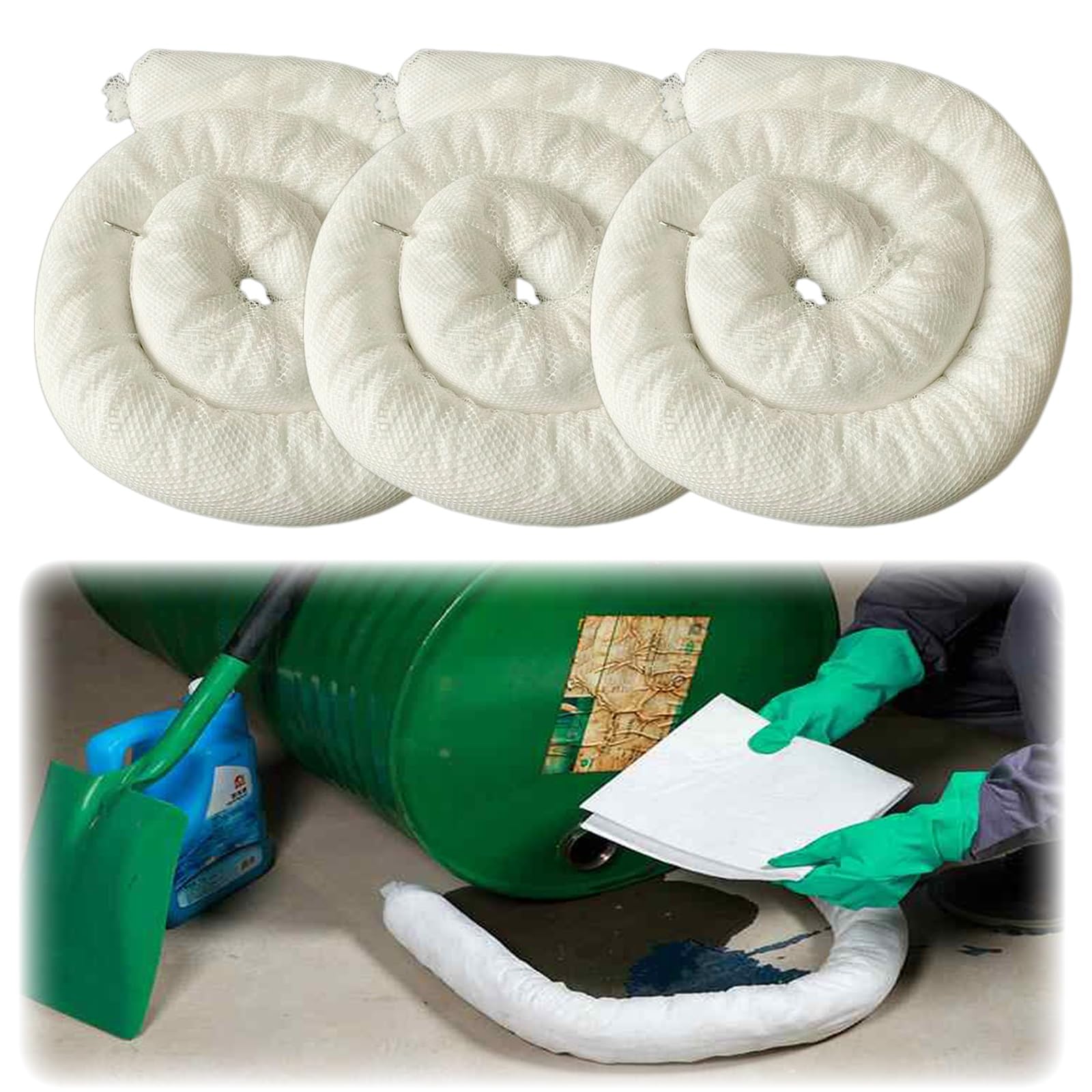 Chaussettes Absorbantes pour Huile Barrage flottant de confinement d'hydrocarbures, diamètre 7,6 cm, absorbant jusqu'à 18/36/54 L, extra large pour hydrocarbures et carburants, hydrofuge(Pack of 1,6m)