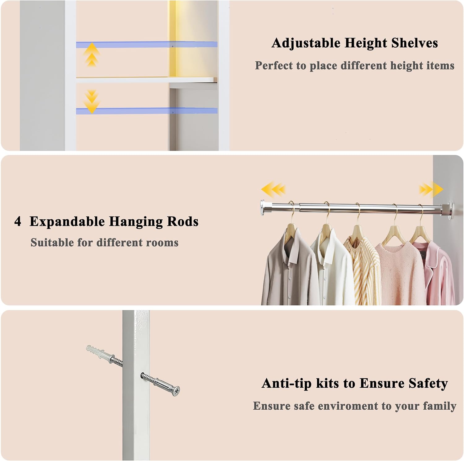 100'' Closet System with 4 Hanging Rods & LED Lights, 2-8 FT Wood Closet Organizer Systems with 5 Shelves, 6 Height Adjustable, Walk-in Closet Organizer Wardrobe Clothes Rack, Garment Rack, White