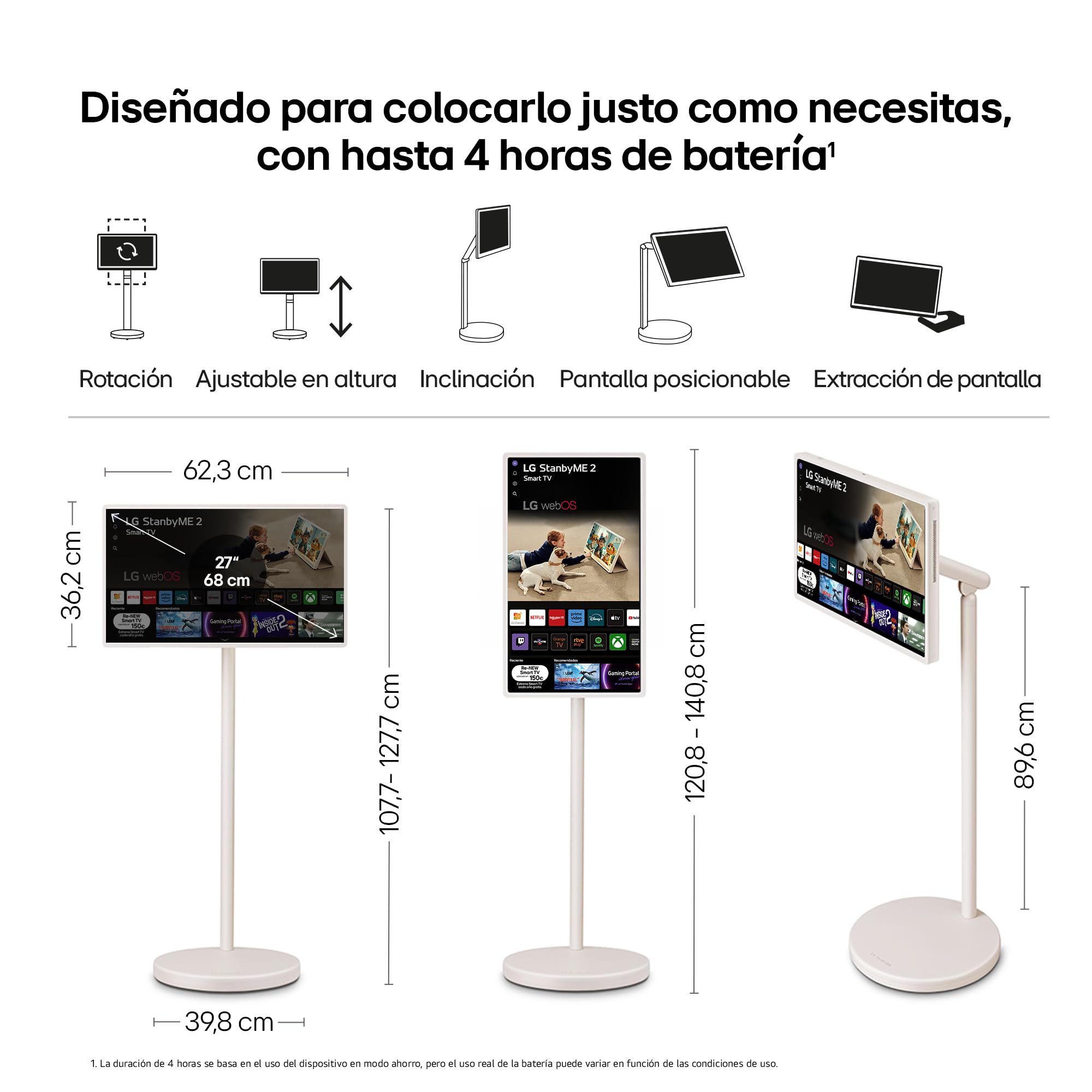 LG 27LX6TDGA - Smart Monitor StanbyMe 2, 27" QHD táctil, Smart TV Portátil, 2025, webOS 24 con IA, Dolby Vision y Dolby Atmos, 4h Batería, Peana con Ruedas, Portal Gaming, Beige - 3