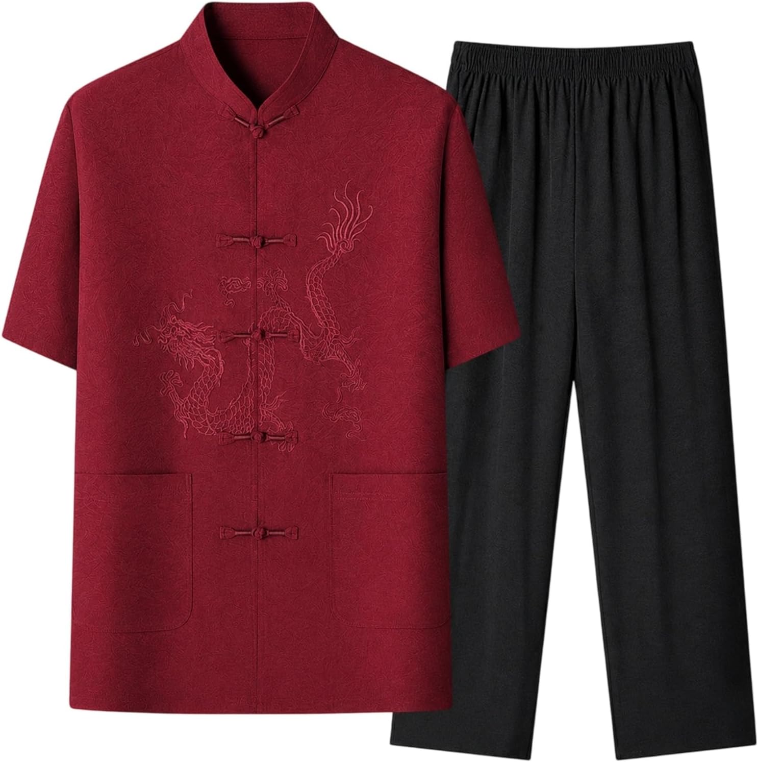 Men's Embroidered Tang Suit Set Short Sleeve Open Front Top and Ankle Pants 2 Piece Outfit
