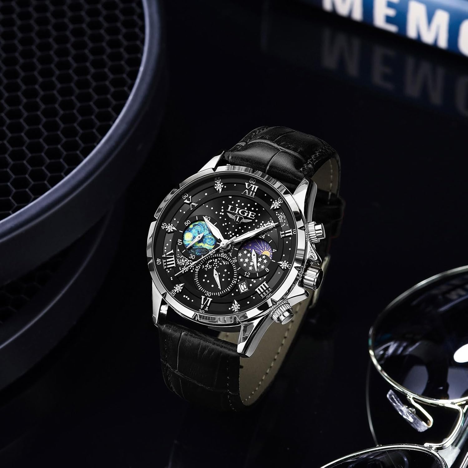 LIGE Waterproof Watches for Men Analog Dress Water Proof Chronograph Work Casual Leather Water-Resistant Lunar Phase Display Quartz Wristwatch with Date & Luminous Men's Wrist Watch