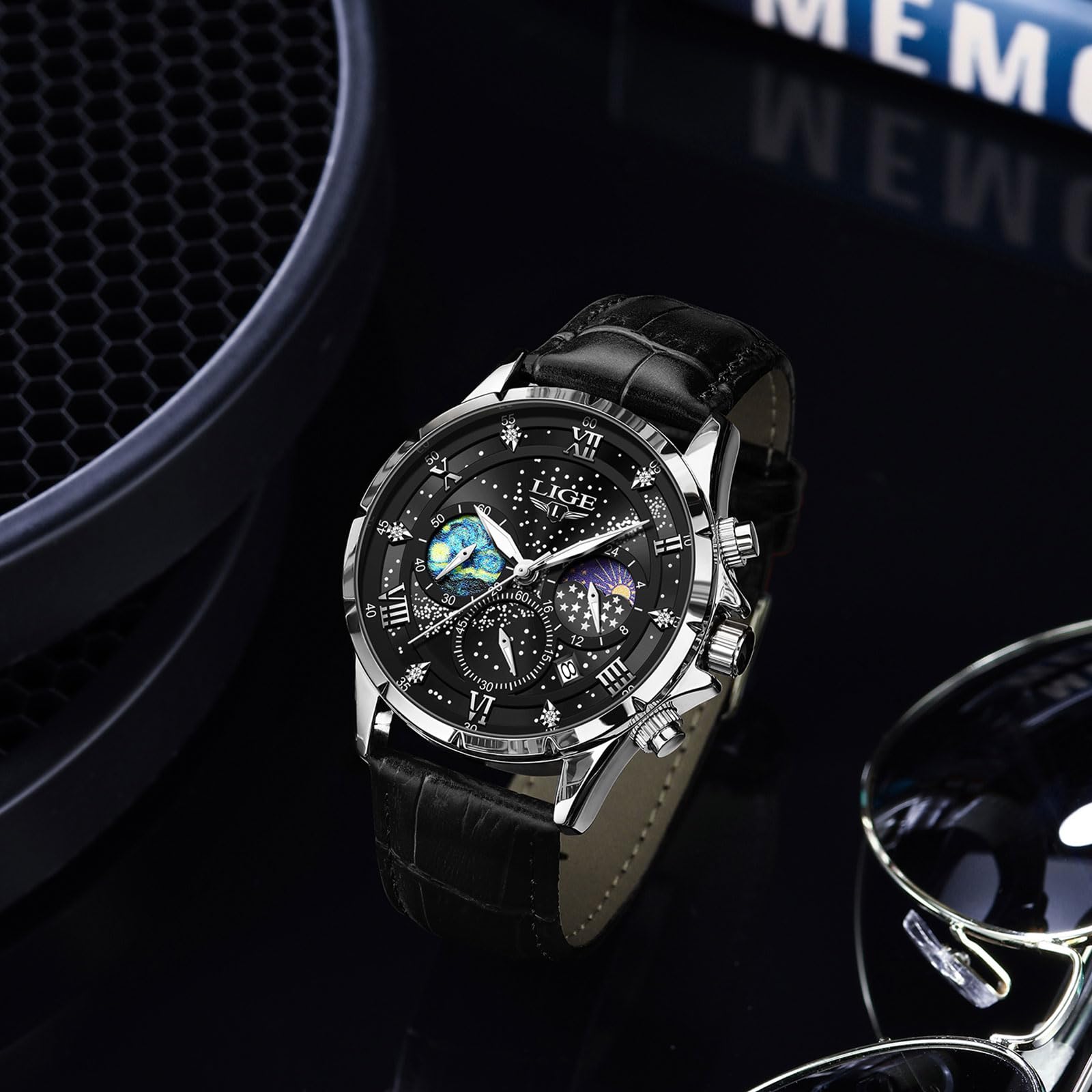 LIGE Orologio da uomo, cronografo, in acciaio inox, impermeabile, analogico, fase lunare, design al quarzo, nero, cinturino in pelle, da uomo, con data, luminoso, business, casual, per uomini, colore:
