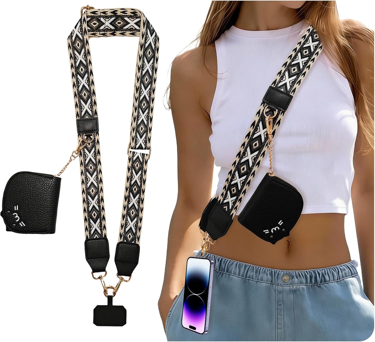 Phone Lanyard Strap Crossbody with Cat Card Wallet, Adjustable Detachable Phone Crossbody Clip and Go Strap