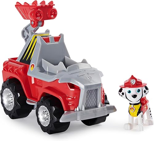 PAW Patrol, Dino Rescue Marshall's Deluxe Rev Up Vehículo con figura de dinosaurio misterioso