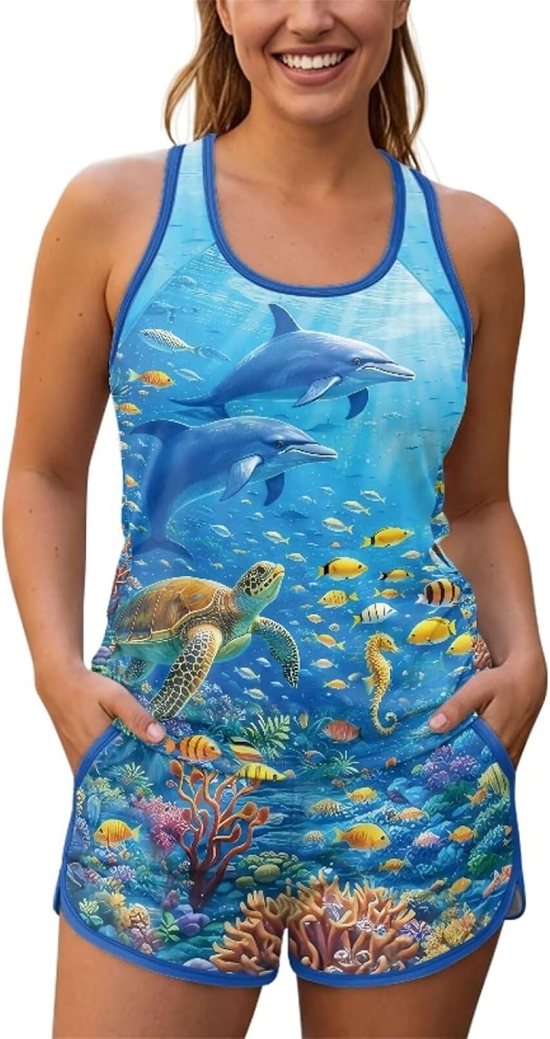 Irisjudy Tankini Swimsuits for Women Tummy Control, Cute Fruits 2 Piece Bathing Suit with Shorts Sun Protection Swimwear