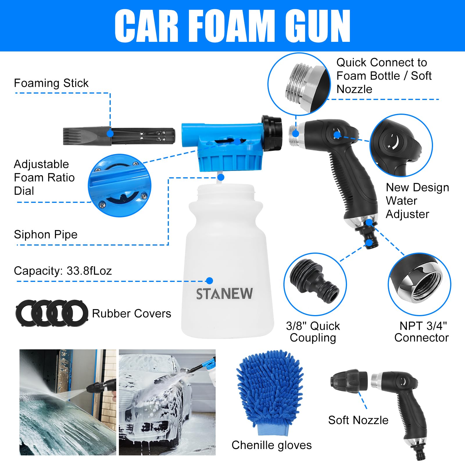 STANEW Pulvérisateur à mousse pour lavage de voiture et pistolet à neige avec tuyau 900 ml pour nettoyer le jardin