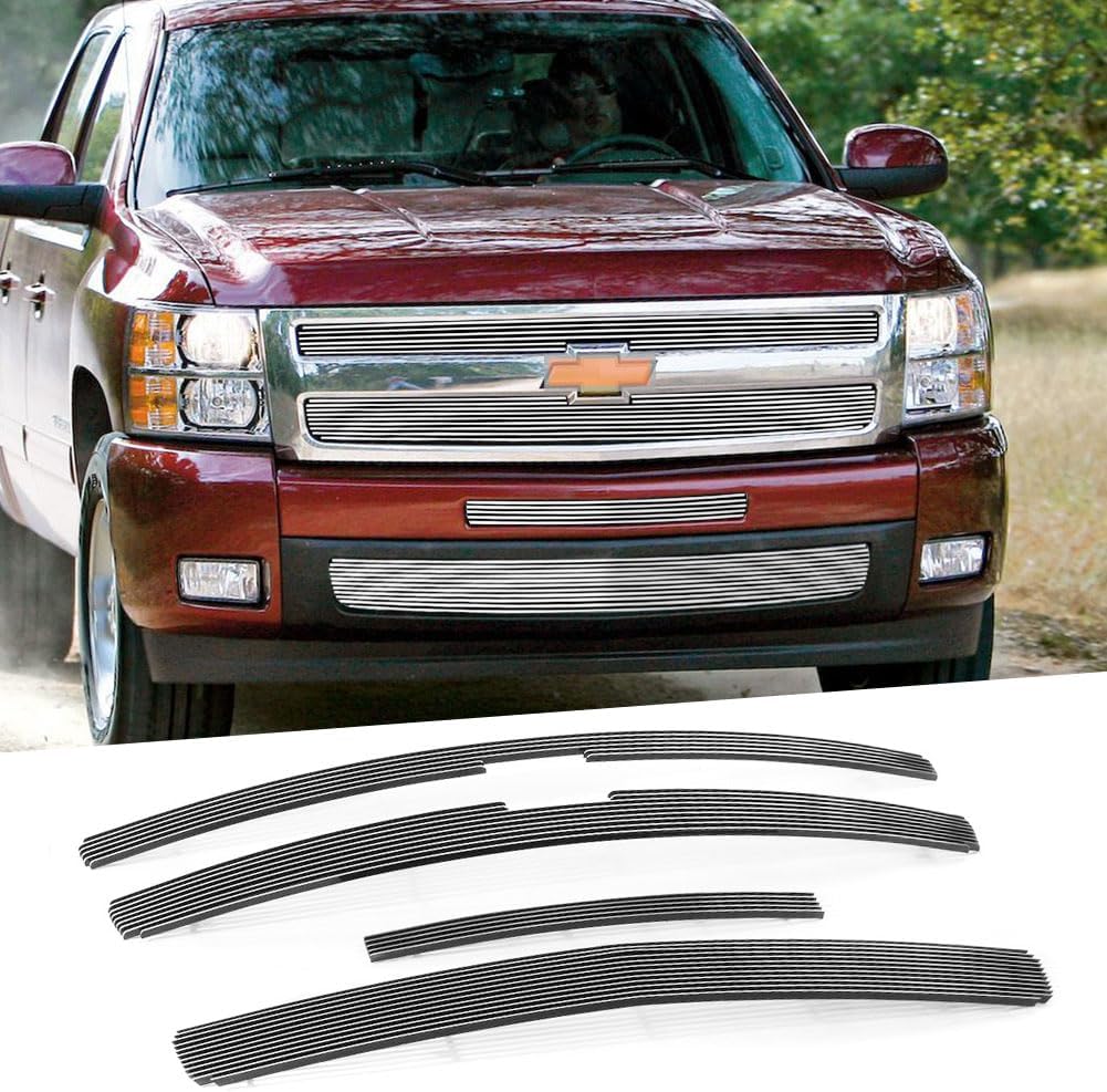Billet Grille Insert for 2007 2008 2009 2010 2011 2012 2013 Chevy Silverado 1500 Polished Front Grill Upper+Lower
