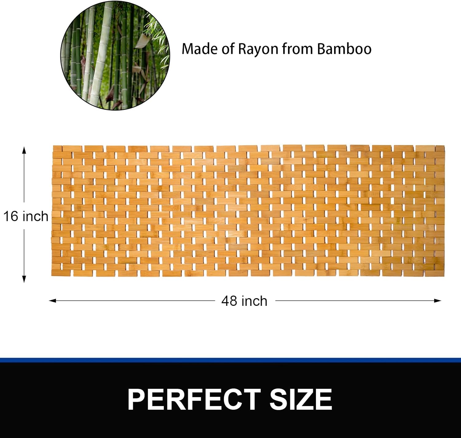 Bambo Bath Mat Bathroom Runner Long Large Rugs Floor Wood Shower Bathtub Waterproof Non Slip Accessories 16x48 Inch Easy to Clean, Natural, 1 pc