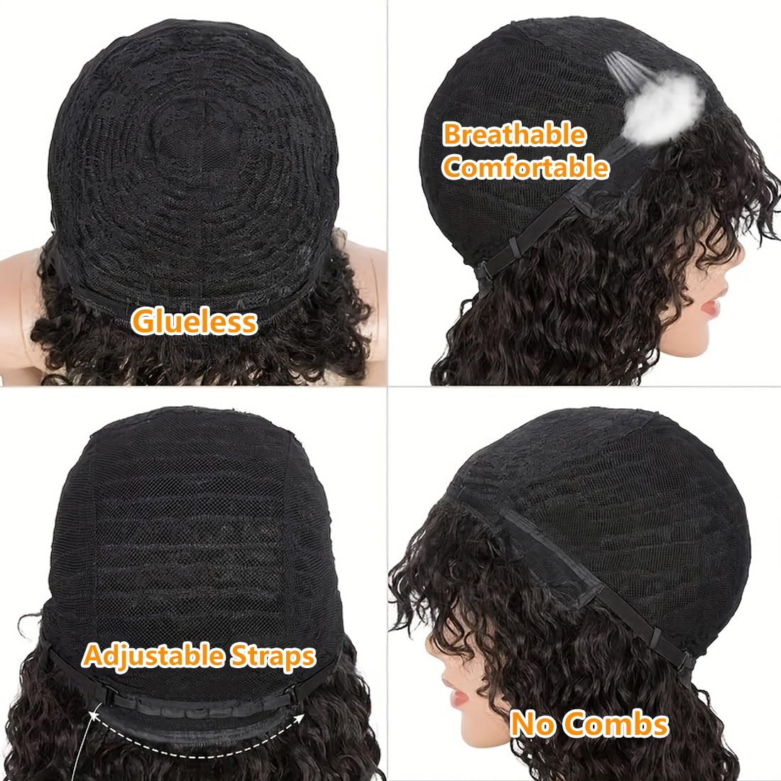 Youngirl Short Curly Wig Human Hair Wigs with Bangs Glueless Curly Wig for Black Women Brazilian Virgin Human Hair Machine Made 150% Density None Lace Natural Black