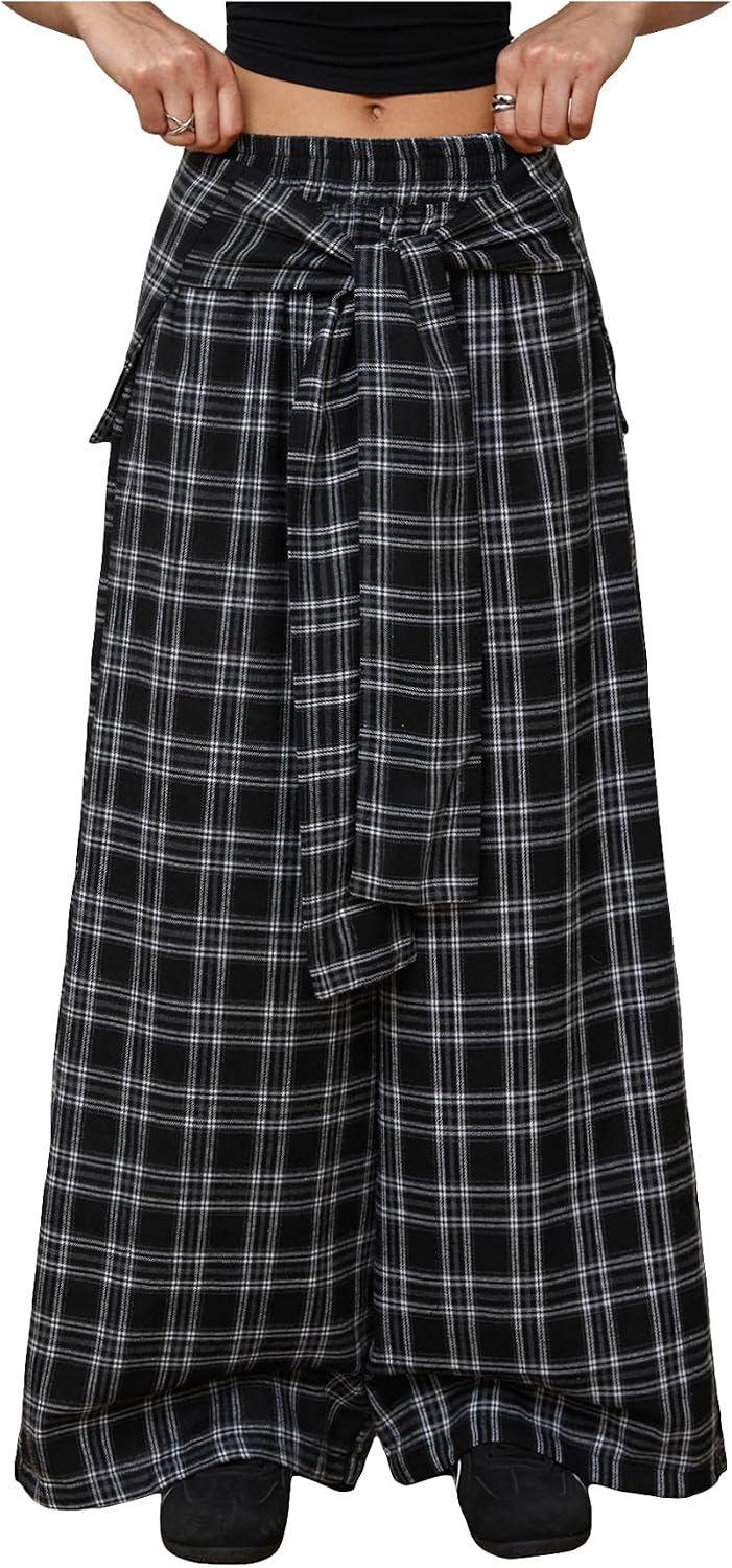 SHENHE Women's Y2k Plaid Baggy Pants Elastic Waist Knot Front Hip Hop Dance Pants Trousers