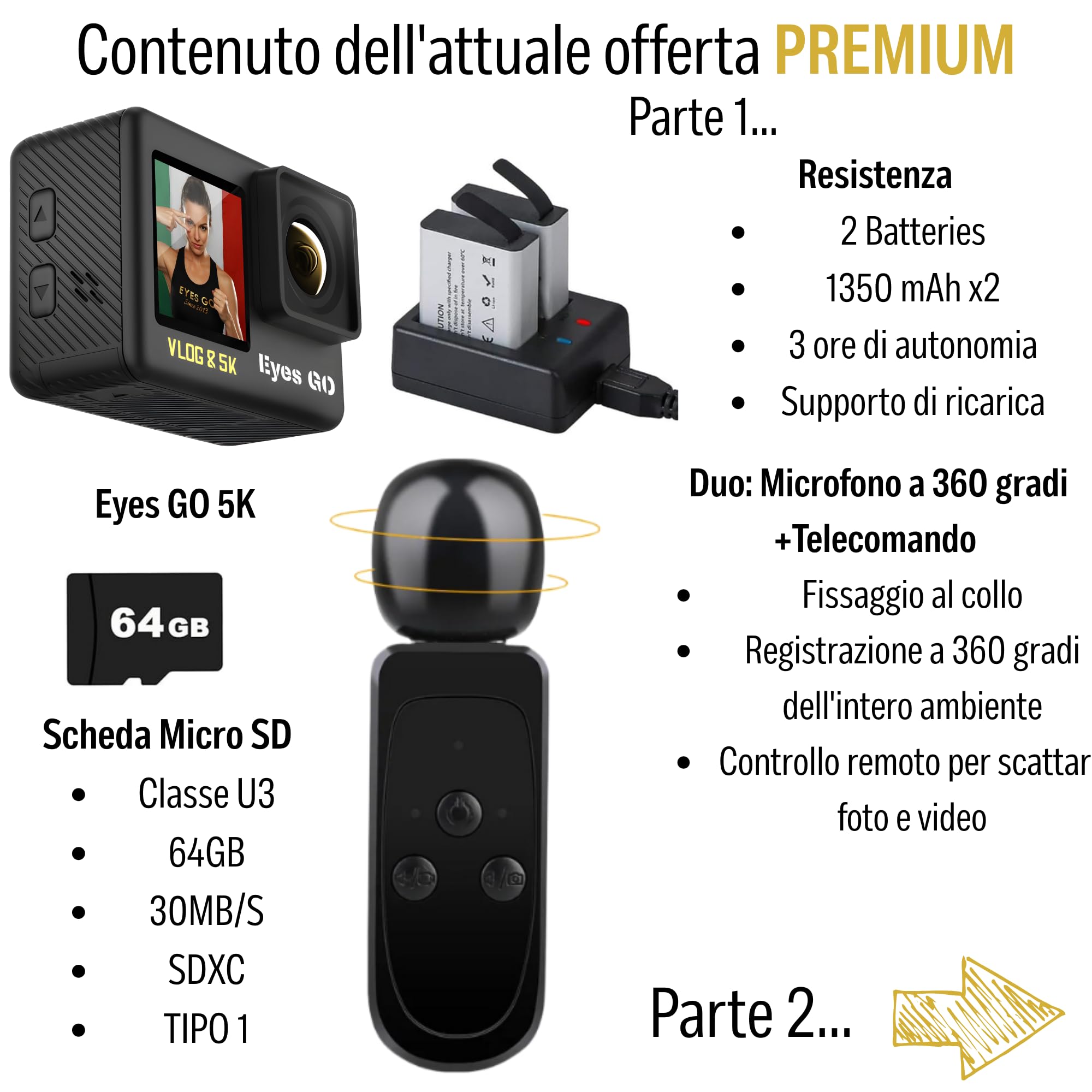 Marca FRANCESE 31 Accessori Fotocamera Sport 5K30fps 4K60FPS 120FPS Foto 50MP 2 Schermi Touch Vlog Telecomando Micro 360° Stabilizzatore E.I.S 2.0 Impermeabile 30M Scheda SDXC 64GO 2 Batterie
