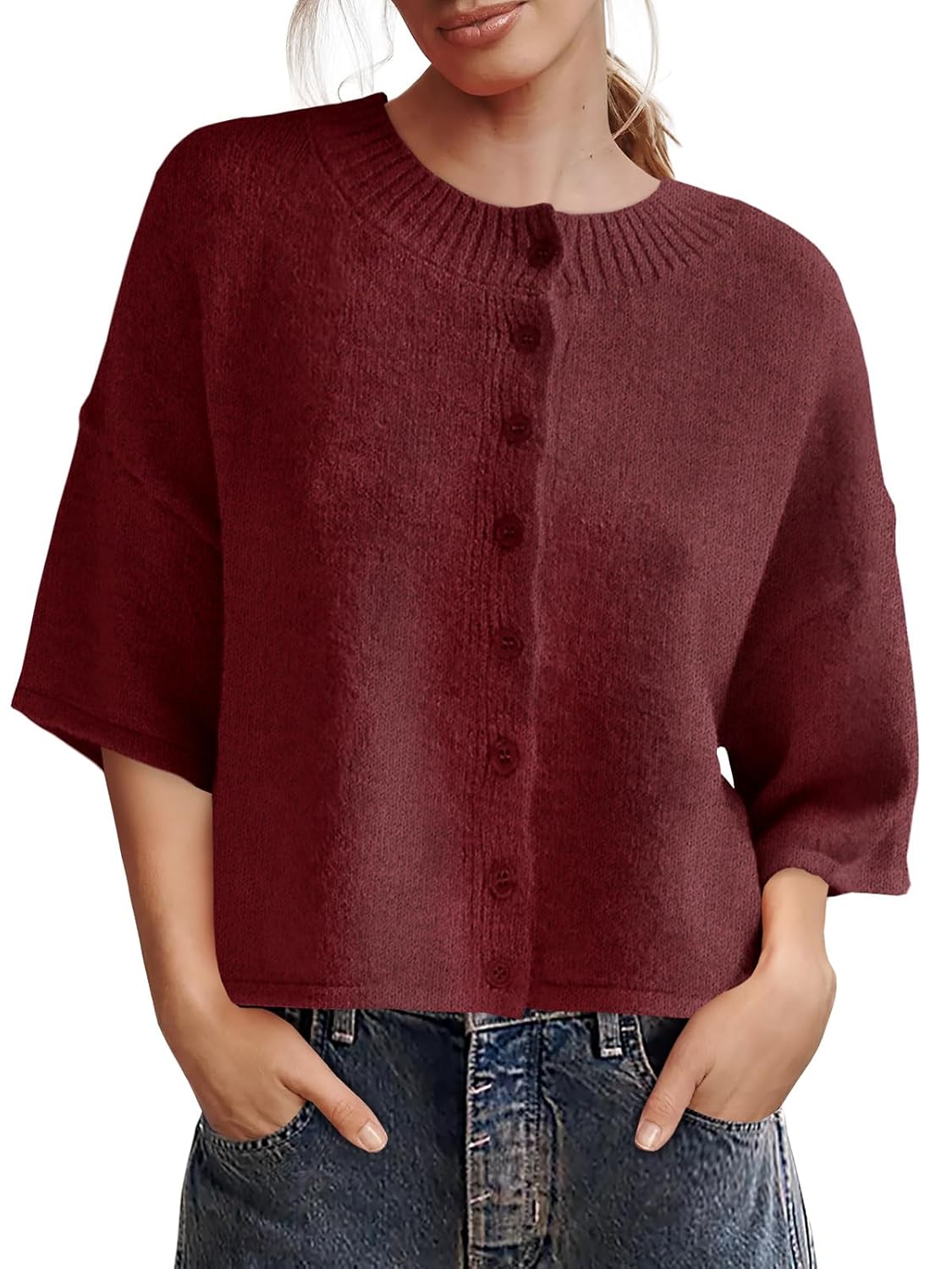 Saodimallsu Womens 3 4 Sleeve Cardigan Sweater Button Down Cropped Crewneck Cardigan 2025 Fall Casual Knit Tops