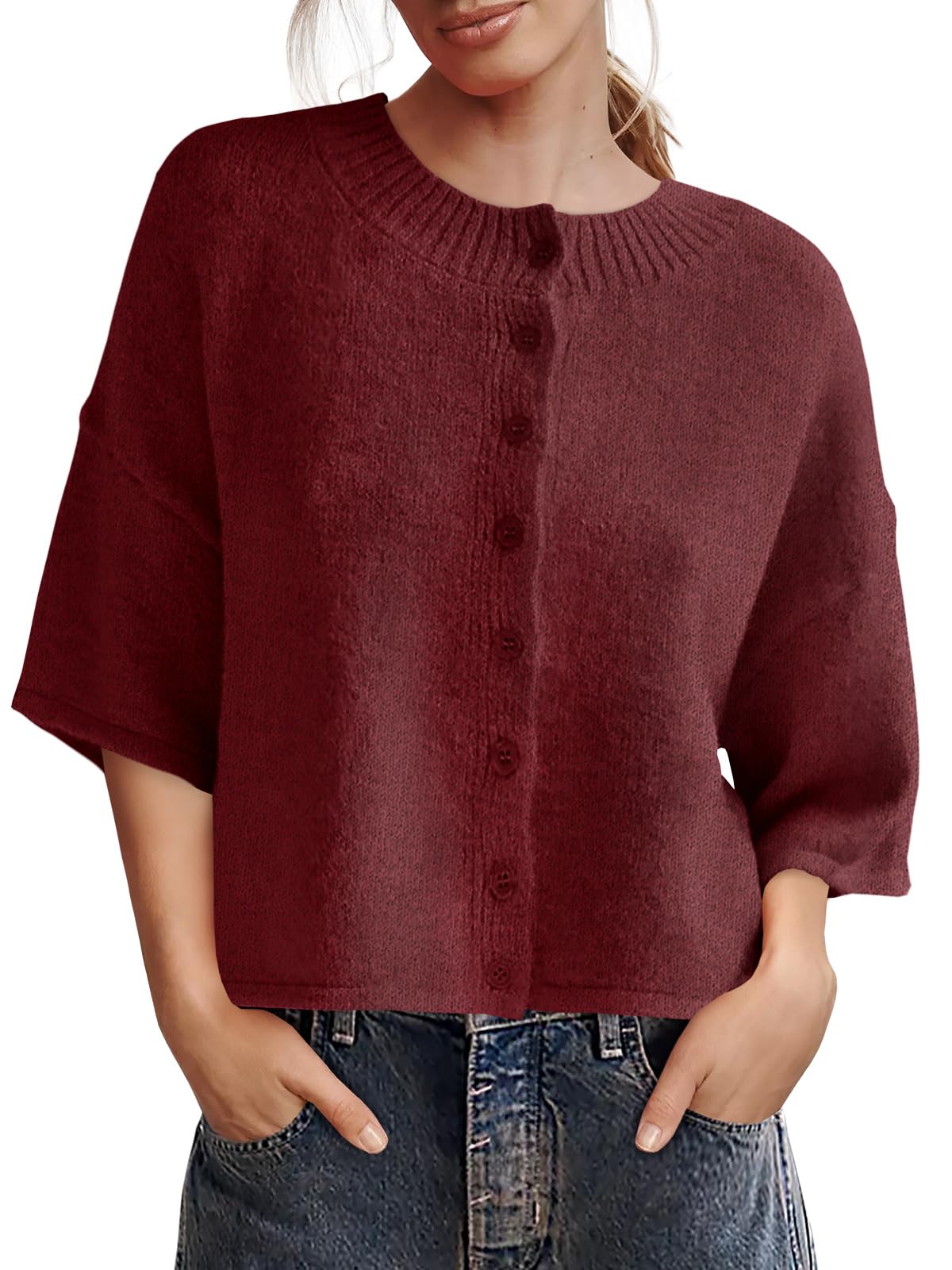 Saodimallsu Womens 3 4 Sleeve Cardigan Sweater Button Down Cropped Crewneck Cardigan 2025 Fall Casual Knit Tops