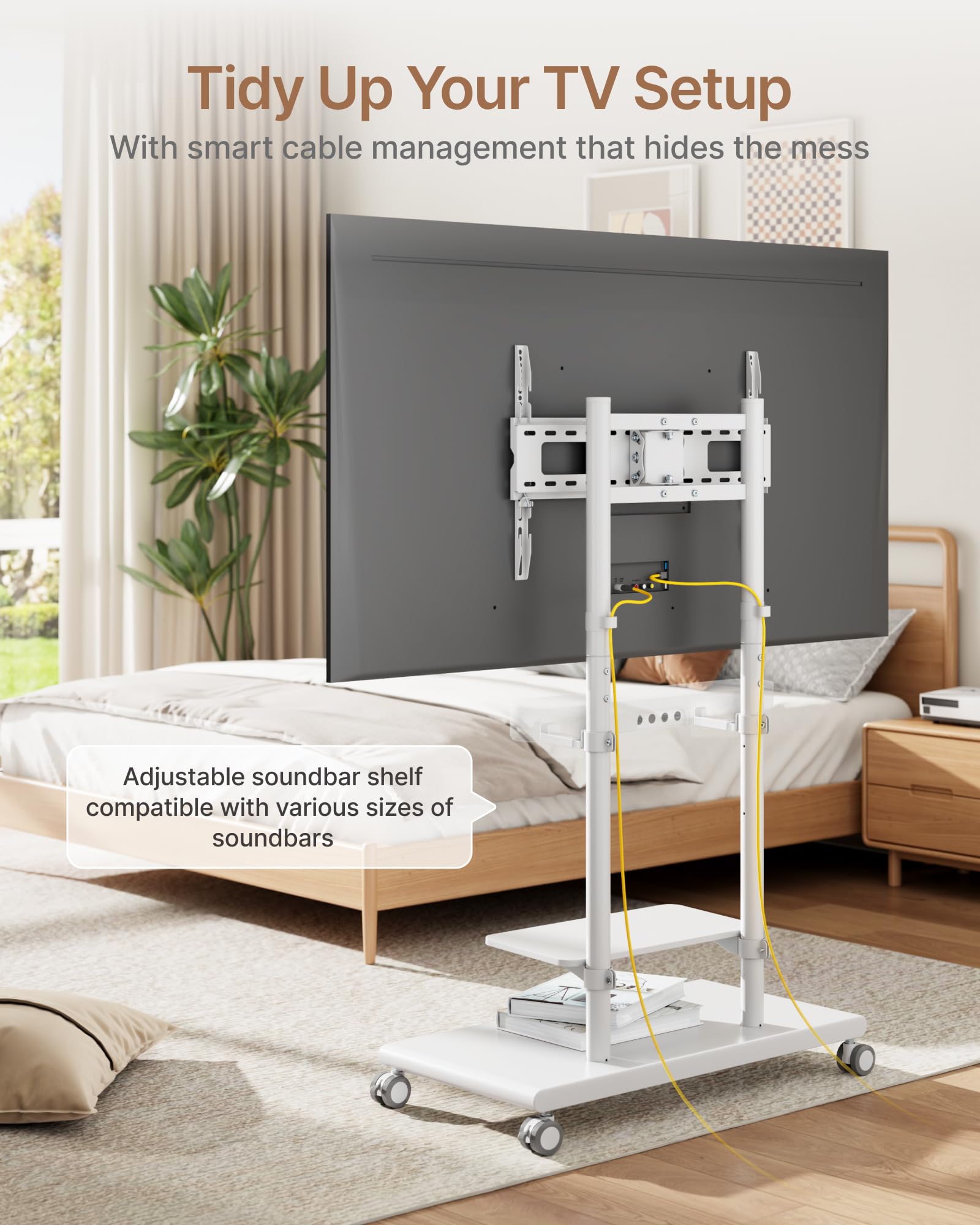 Base in acciaio mobile per TV con supporto soundbar per TV da 50-90 pollici fino a 69,9 kg, girevole e inclinabile, con ampio spazio di archiviazione, carrello per TV resistente regolabile in