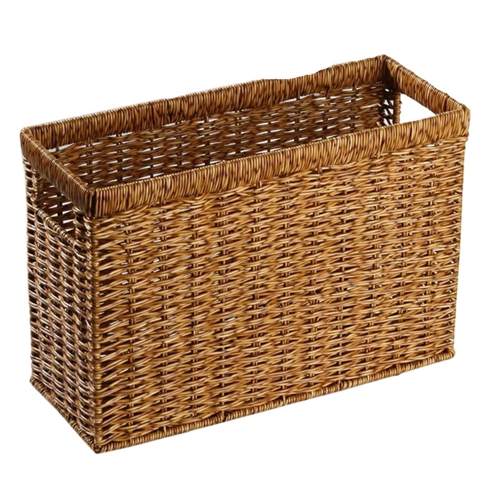 Woven Magazine Rack Hand-Woven Storage Basket Grass Woven Box Sundries Magazine Desktop Organizer for Newspaper, Letter(Color3)