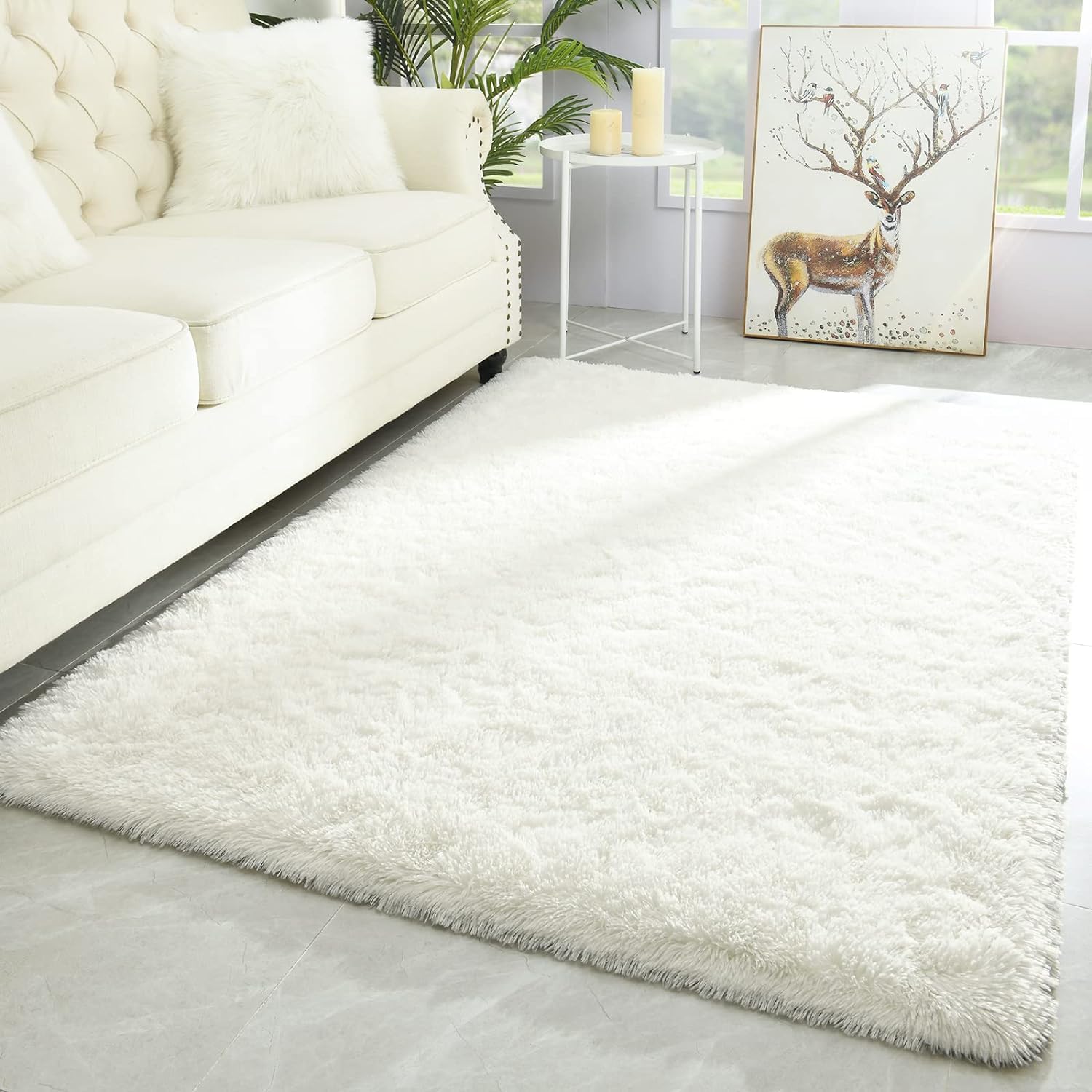 Tapis Salon Chambre Blanc 160 x 230 cm à Poils Longs Tapis de Chambre Descente de lit Moelleux Tapis Doux Poils Longs pour Salon Chambre Canapé