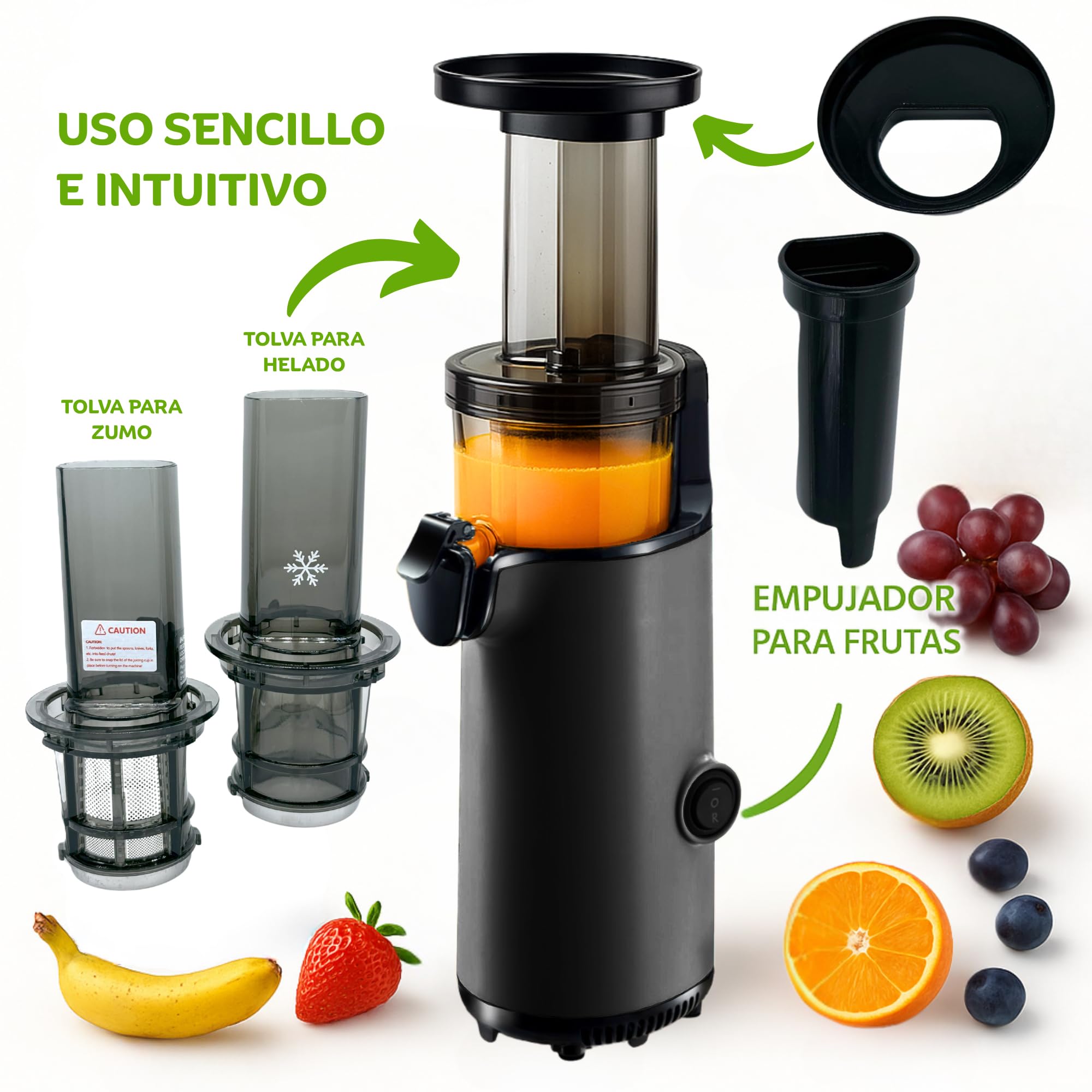 JuiceInstant - Extractor de zumos compacto para frutas y verduras, prensado en frío, exprimidor eléctrico sin BPA, 130W, con tamiz, antigoteo, licuadora lenta que conserva vitaminas (Negro)