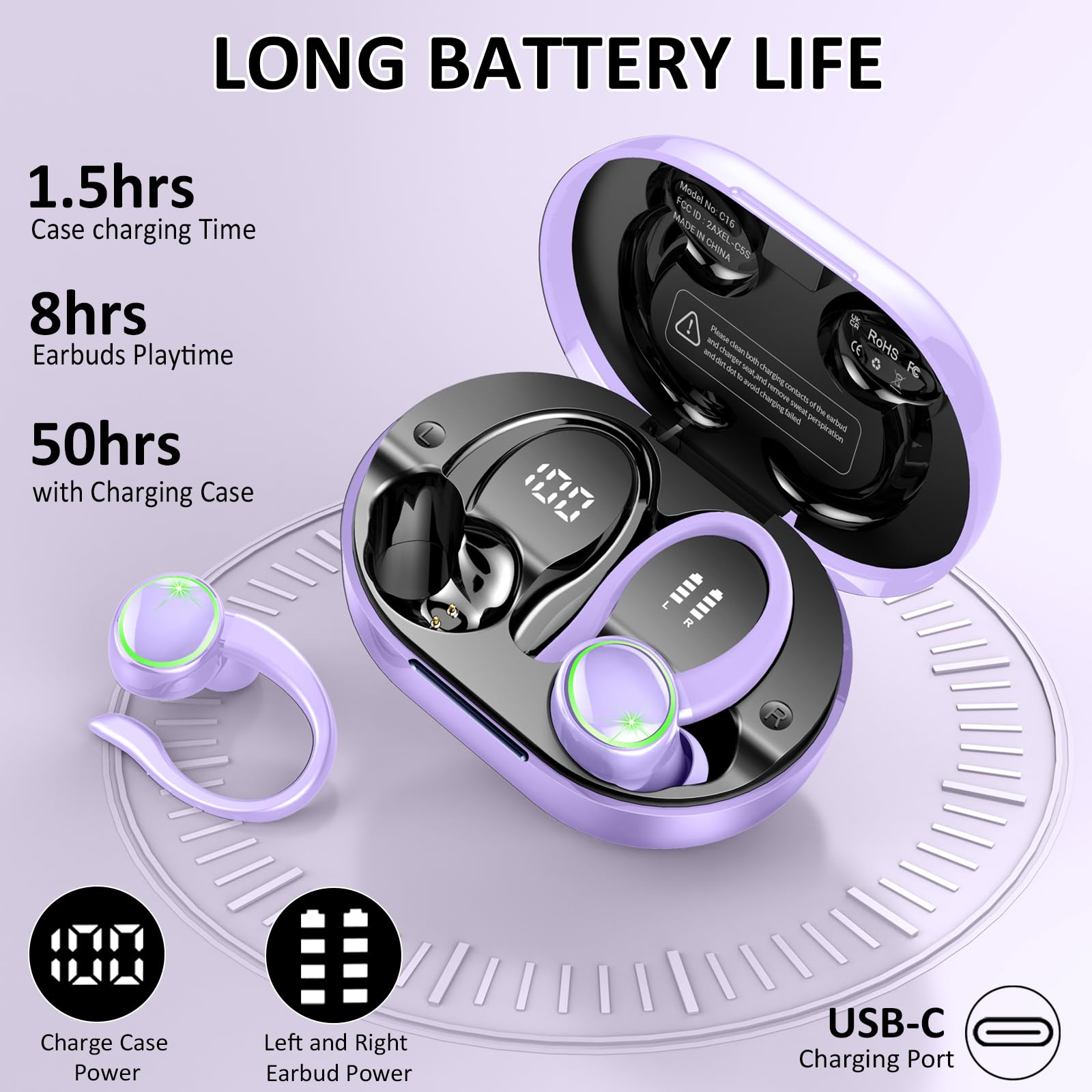 Matast Auricolari wireless, Bluetooth 5.4, 50 ore di riproduzione, cuffie stereo con cancellazione del rumore con 4 microfoni ENC, auricolari sportivi, auricolari impermeabili IPX7, per sport e corsa