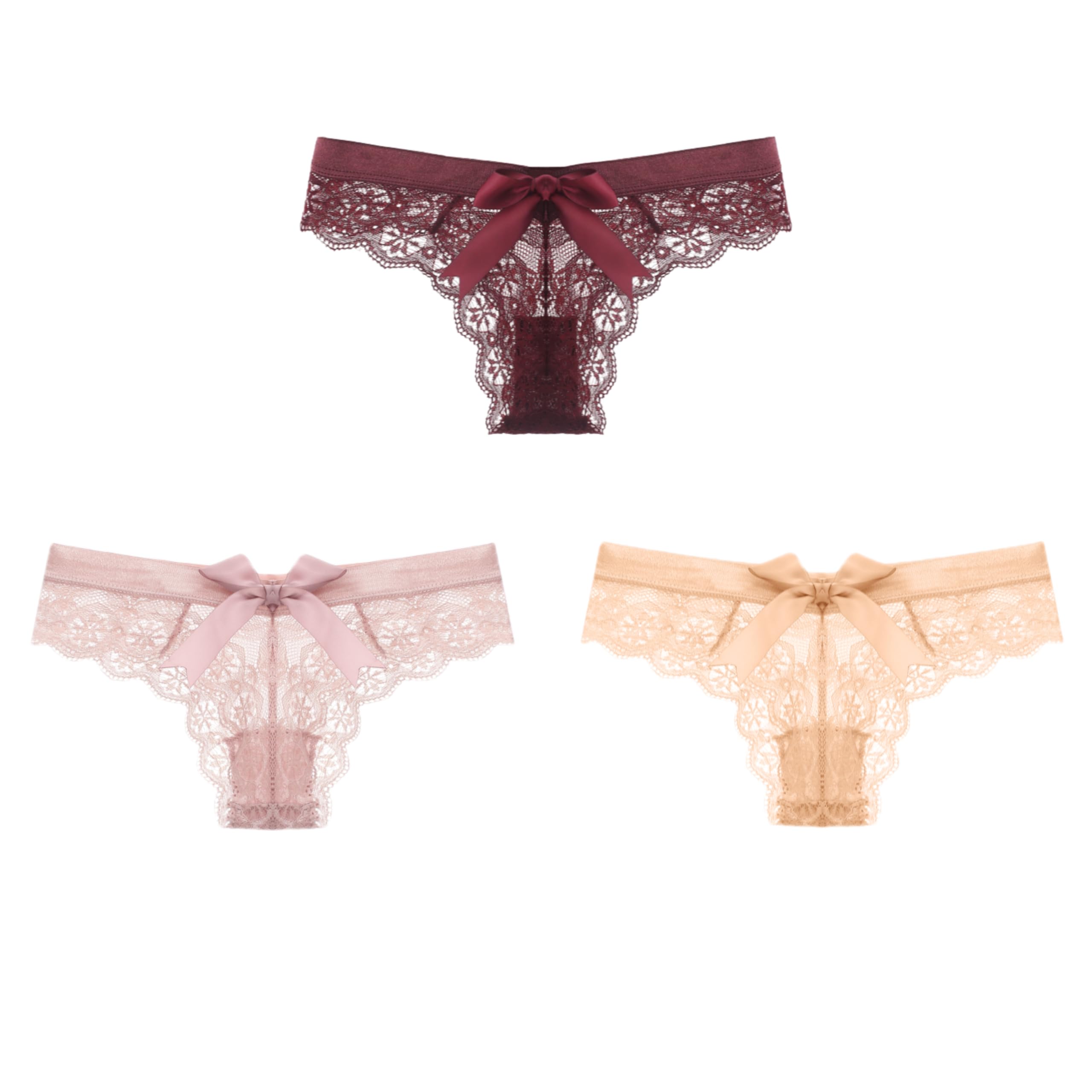 KUAOPATA Women's Lace Bow Thongs T Back Low Waist Breathable Panties Sexy Seamless V-Shape Design Floral Lace tangas: Medium Pink,nude,red