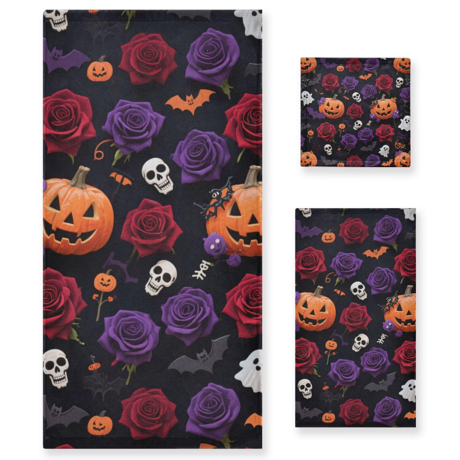 Halloween zucca gialla fiori rosa asciugamani decorativi Set 3 pezzi, 1 asciugamano da bagno 1 asciugamano mani 1 panno per il corpo viso bagno