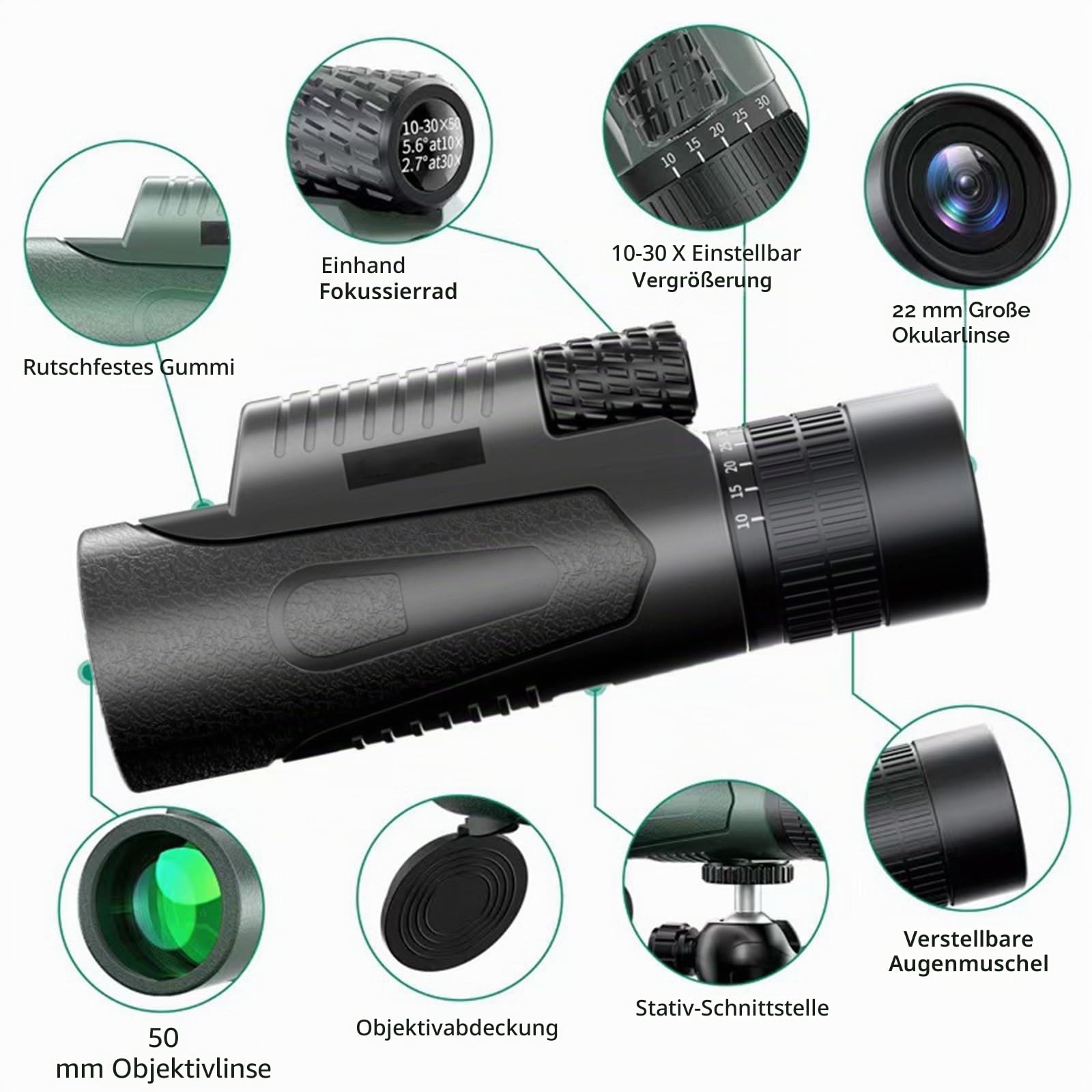 Monocular, 10-30x50 Monocular Telescope, für Erwachsene und Kinder, FMC BAK4 Prisma, Monokular klein, für sportveranstaltungen Vogelbeobachtung Reisen Jagd Konzert Sport im Freien