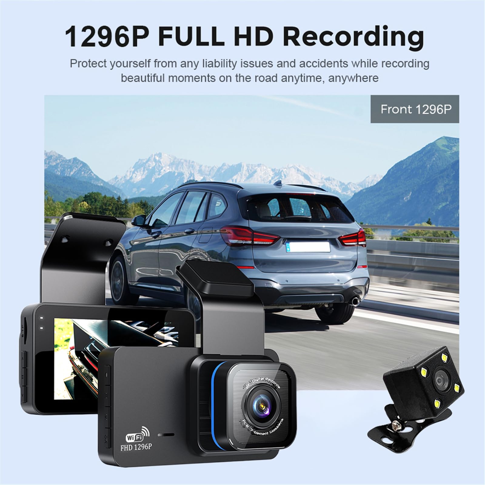 Dash Cam Front and Rear, HD 1296P Drive Video Recorder WiFi GPS