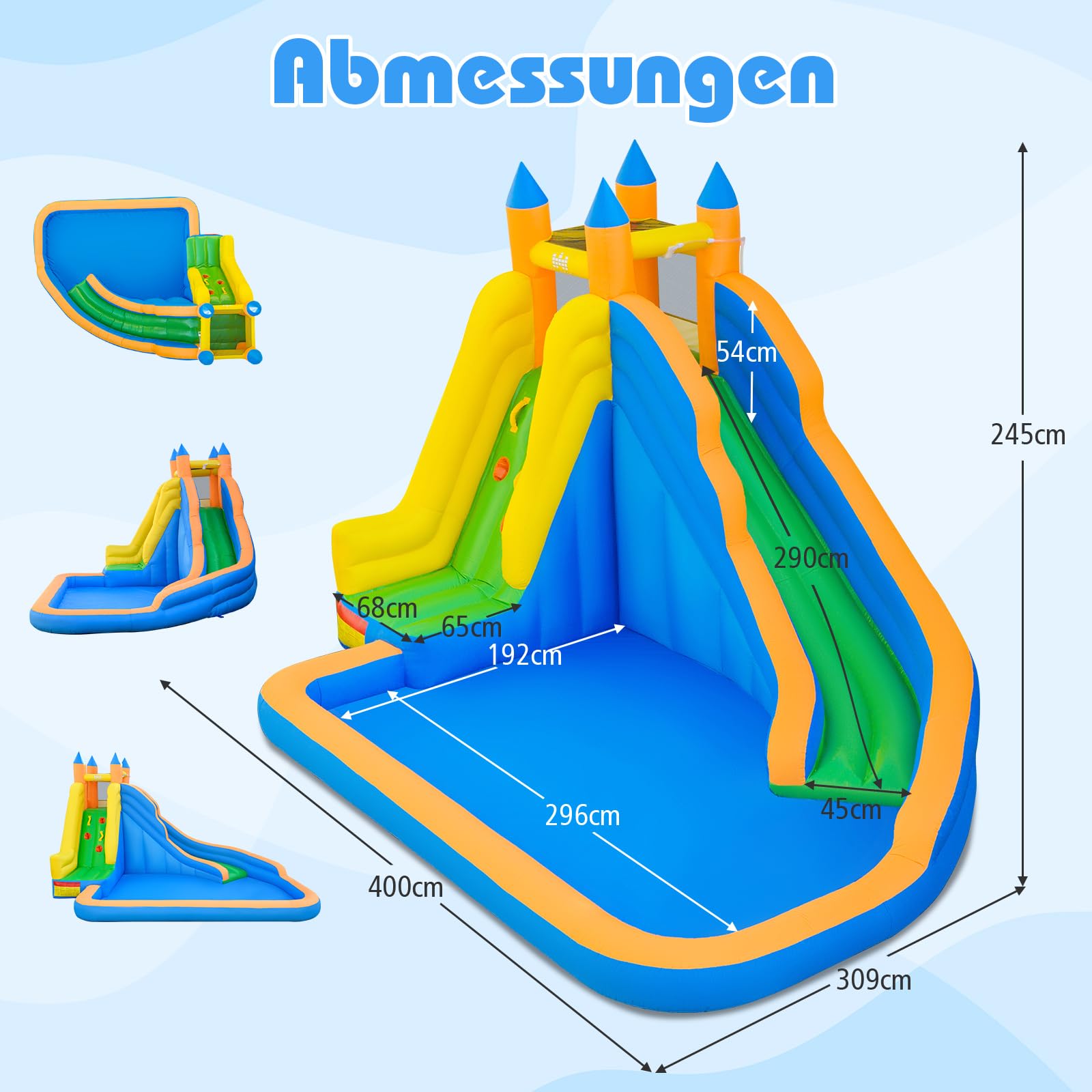 COSTWAY Hüpfburg mit Rutsche, Kletterwand & Planschbecken, Wasserhüpfburg für Kinder ab 3 Jahren, Wasserpark für Außenbereich, 400 x 309 x 245 cm
