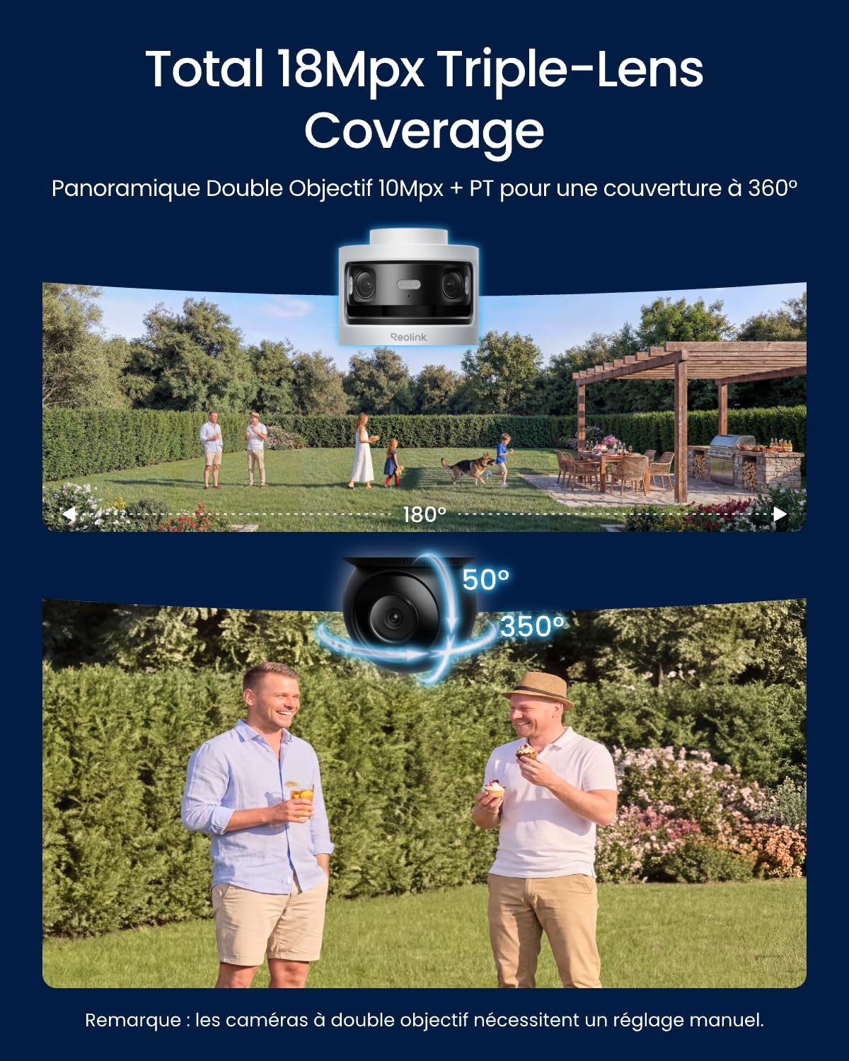 Reolink Camera Exterieur Filaire 10Mpx + 8Mpx à Triple Objectif, Caméra PoE avec Suivi-Synchro, Recherche Vidéo IA, Vision Nocturne Couleur et Infrarouge, Enregistrement 24h/24, OMVI 3i PoE