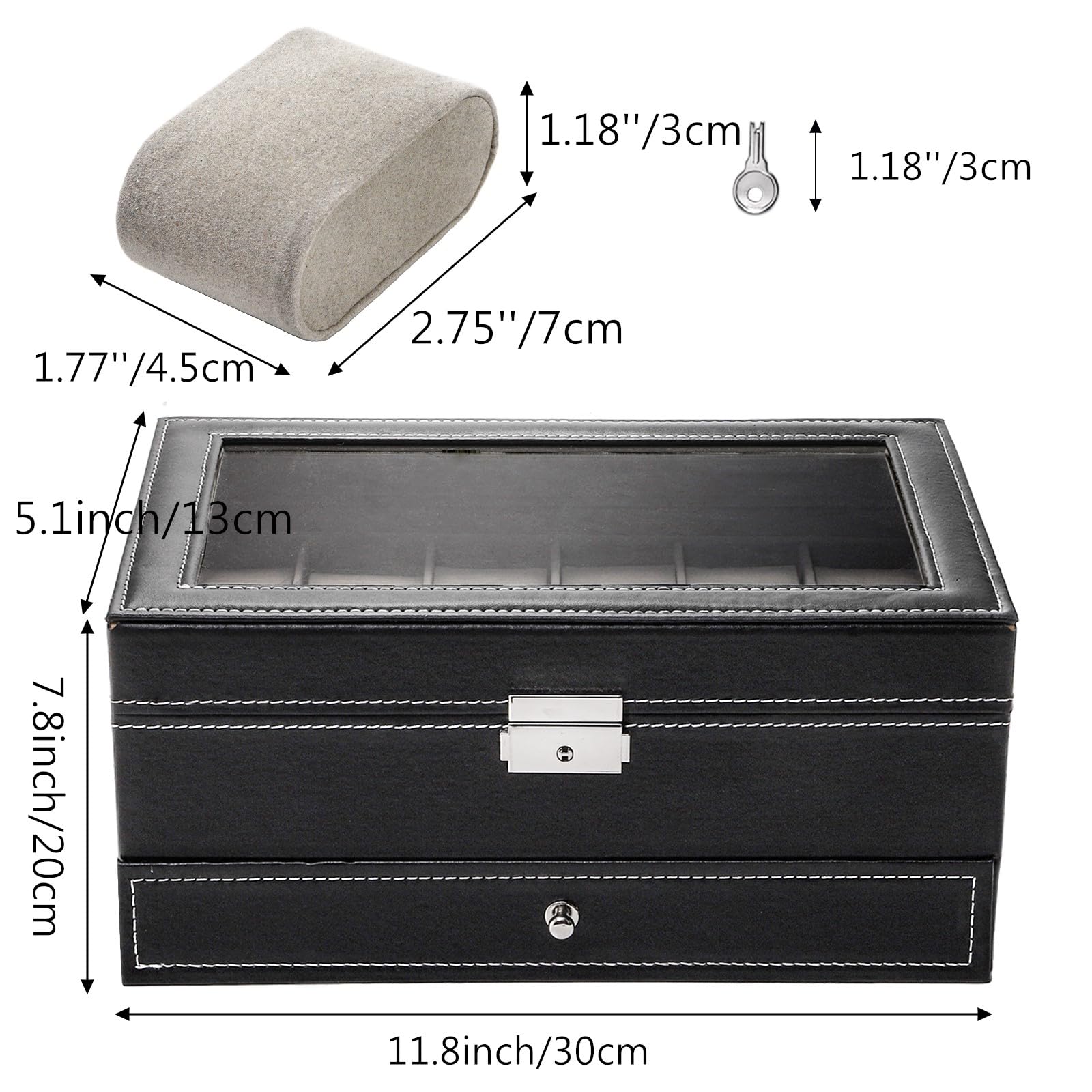 Tebery Boîte à montres verrouillable à 12 emplacements avec couvercle en verre, support de montre à 2 niveaux avec 1 tiroir pour bagues et bracelets, cadeau pour petit ami, fête des pères,