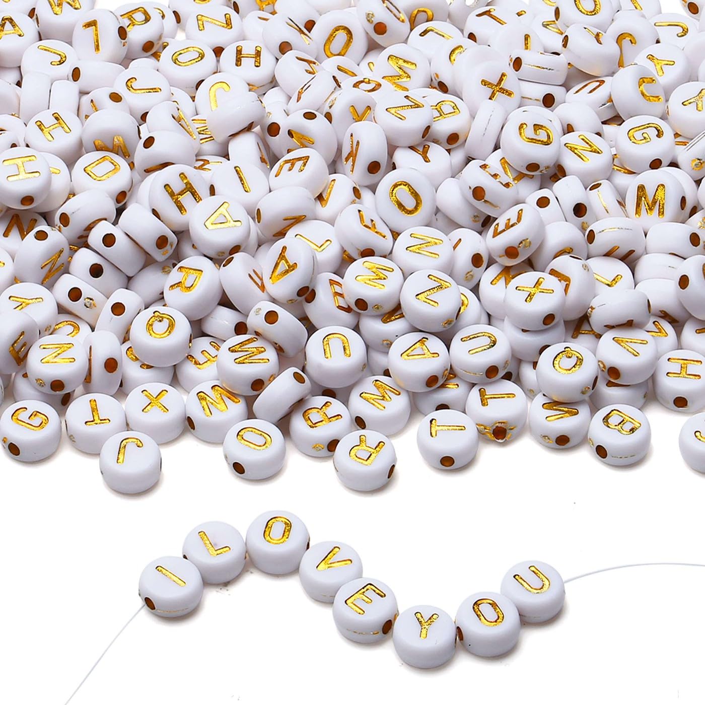 LAIDANLA 1500PCS Acrylic Letter Beads Alphabet Gold Letters White Round Bead 7×4mm for Jewelry Bracelets Necklaces Key Chains Making