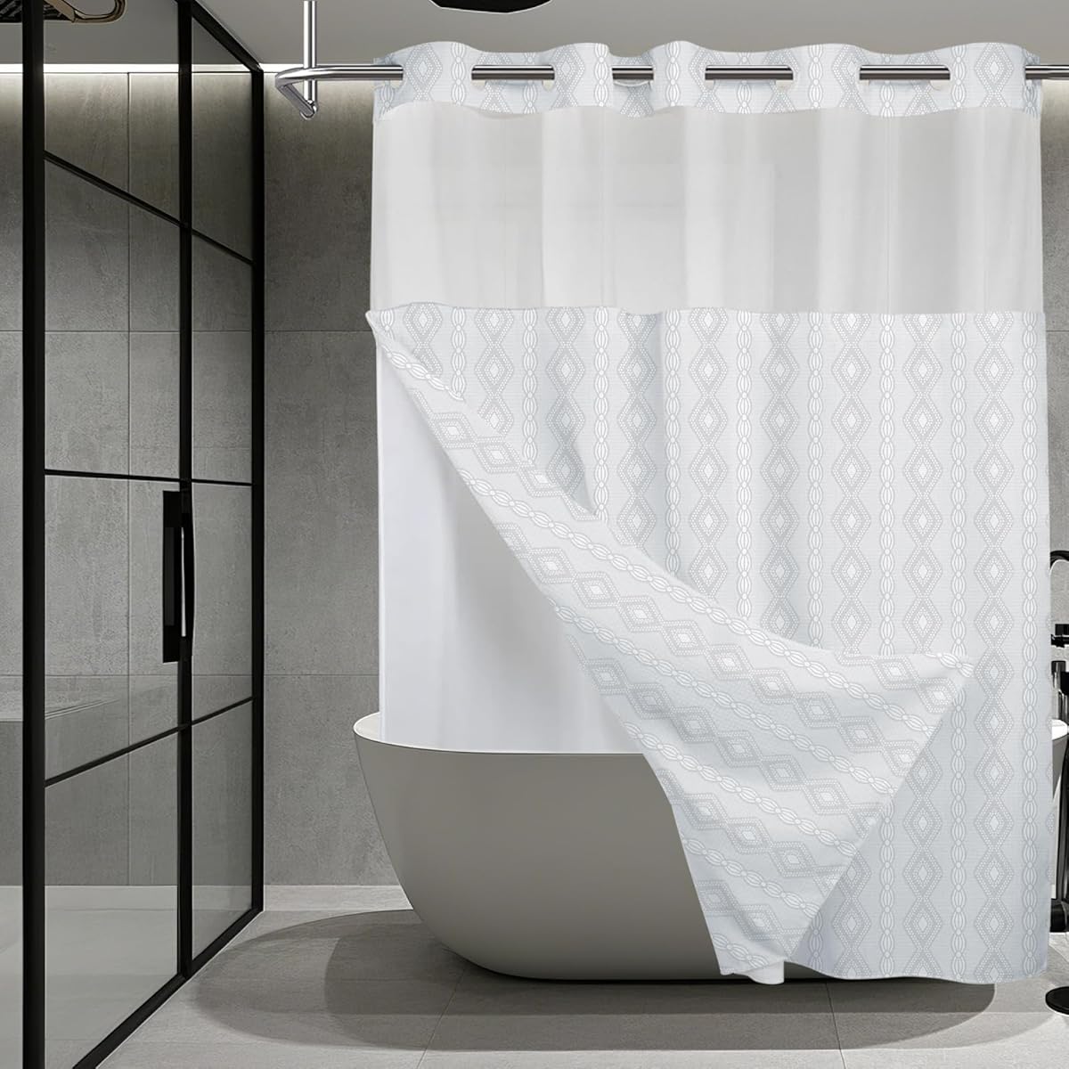 No Hook Shower Curtain with Snap in Liner Set, Modern White Waffle Weave Shower Curtains Heavy Duty Fabric for Bathroom Hotel Decor 71x74 Inches