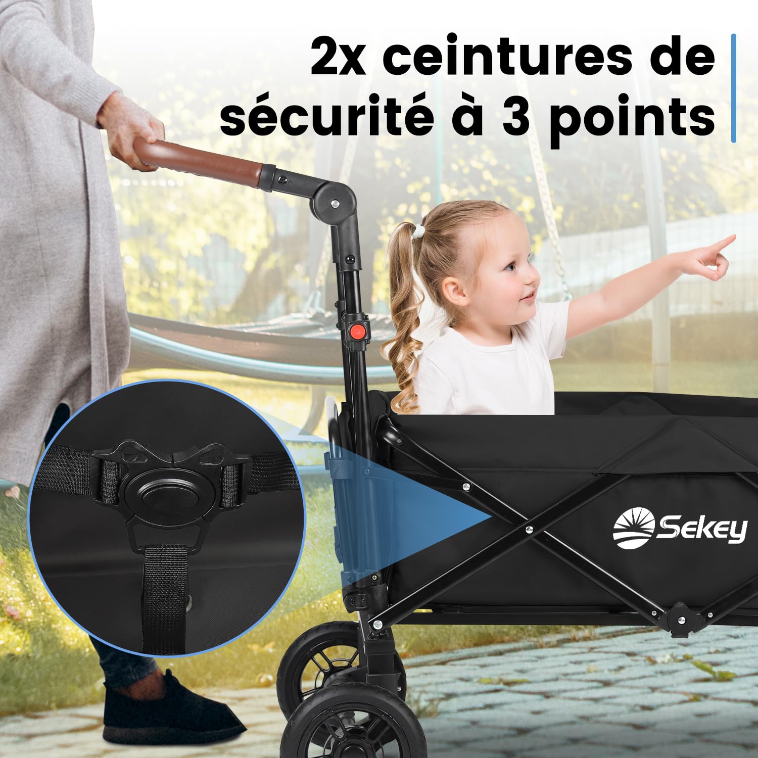 Sekey Chariot Enfant Pliable avec Toit pour 2 Enfants 100KG, Chariot de Transport Pliable Enfant avec Poignée de Pousseur, Roues en PU Antichoc et Freins 110L SS5050, Noir
