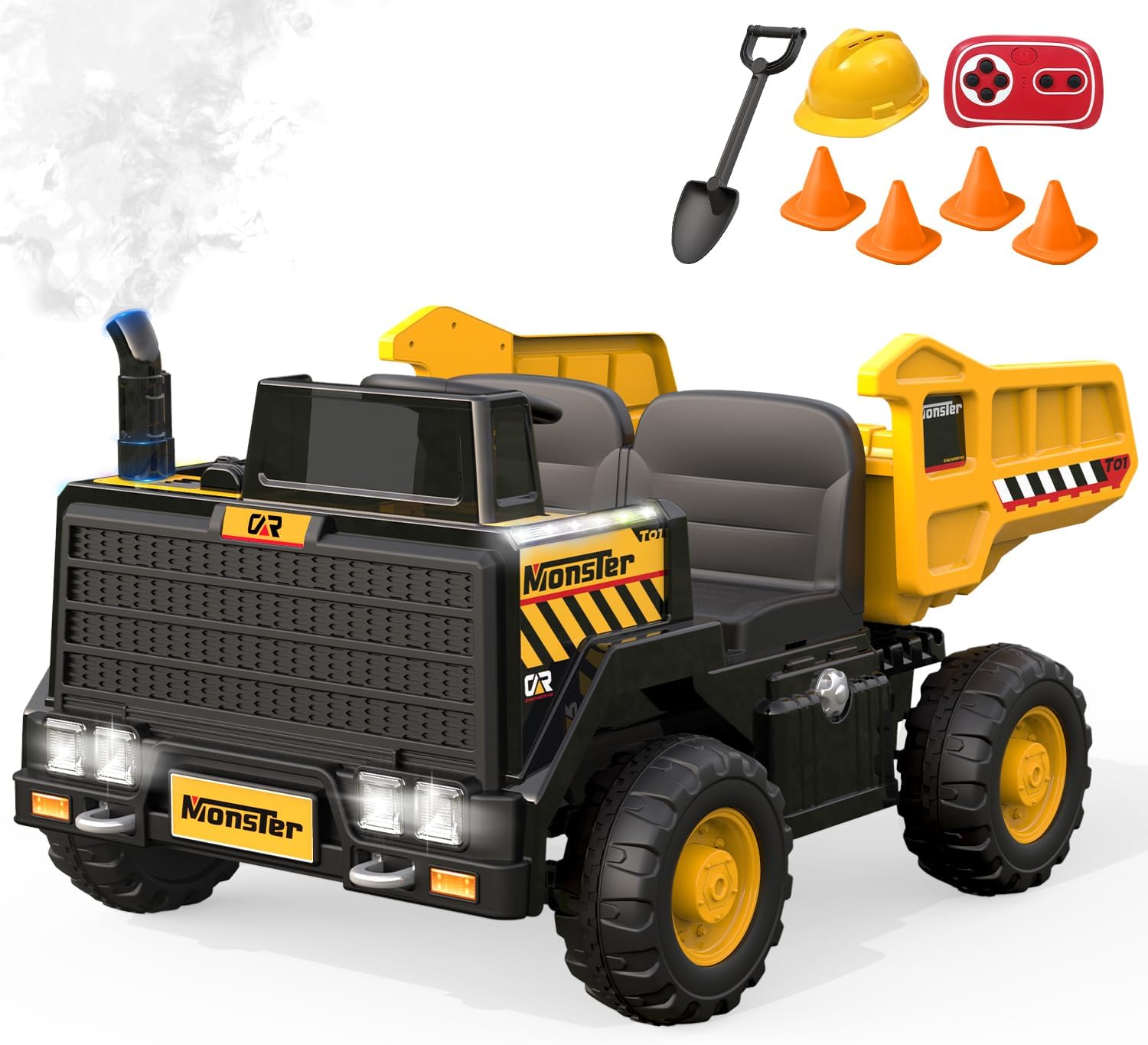 2 Seater Ride on Dump Truck, Forever Source 24V 7AH Kids Power Wheels with Remote Control, Ride on Construction Car with Dump Bed, 1 Shovel, 4 Toy Traffic Cone, Light, 3 Speeds, Music, Yellow