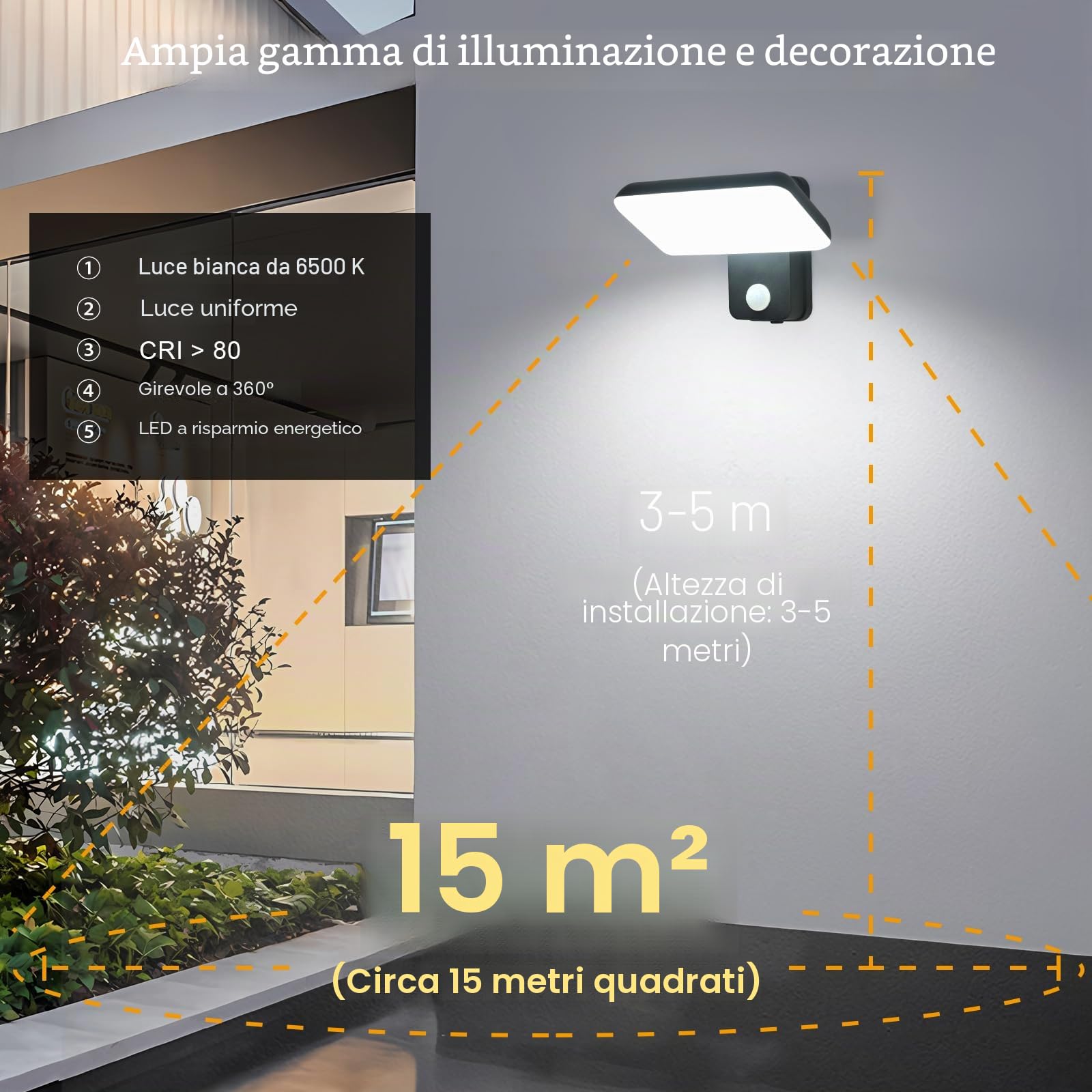 Osairous 16w Lampada Da Esterno Con Sensore Di Movimento, IP65 Lampade da esterno Led, Ruotabile Luce Con Sensore Di Movimento Da Interno, Luci Da Esterno a parete Per Giardino E Terrazza, Nero 6500k