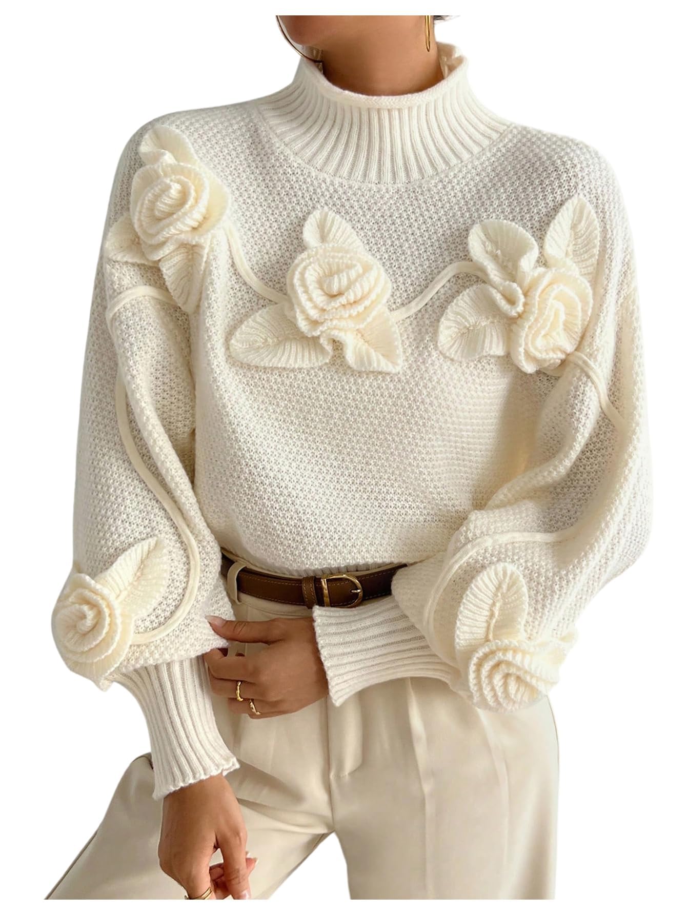 Womens Cable Knit 3D Floral Mock Neck Sweaters Fall Trendy Long Lantern Sleeve Cozy Pullover Sweaters