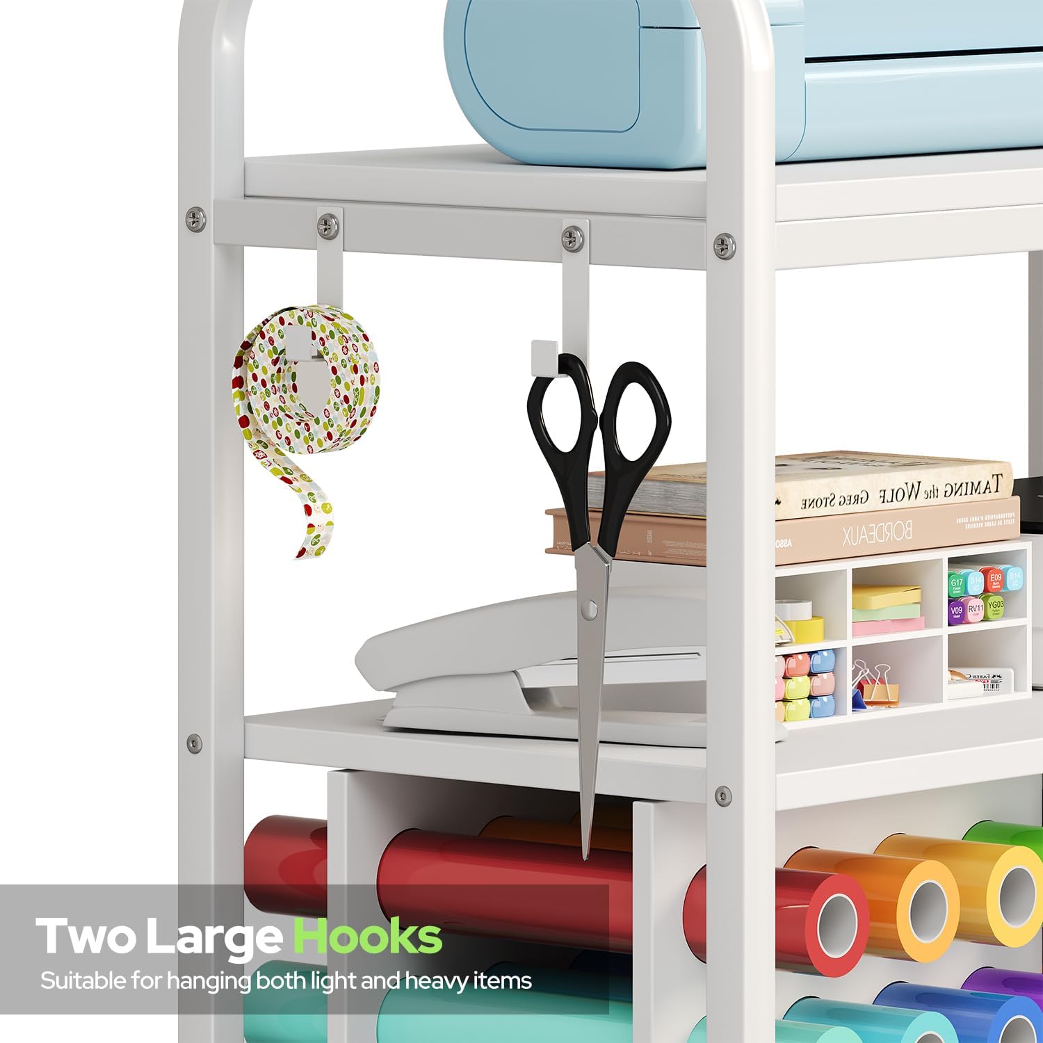 Craft Cart with Wheels Compatible with Cricut Machine, Organization and Storage Stand with 27 Vinyl Roll Holders and Drawer, Rolling Storage Cart with Table for Cricut Explore Maker Joy Accessories