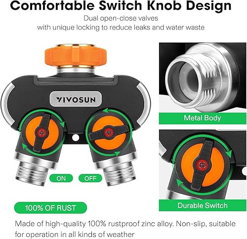 Miniatura 4 de VIVOSUN Divisor de manguera de jardín de 2 vías resistente, conector de manguera de agua doble altamente duradero mejorado, adaptador de grifo con