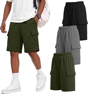 3 Pack Boys Cargo Shorts Wide Leg | Elastic Waist Sweatshort, Knee Length, with Pockets, Back to School, School Uniform, Athletic, Casual, Age 5-16 Years, Summer