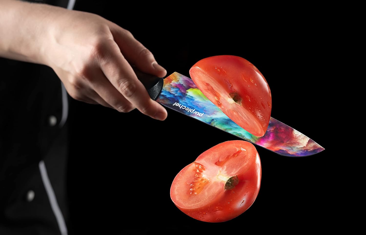 10 Pieces Kitchen Knives Set. Includes 6 Stainless Steel Knives, Scissors, Knife Sharpener, Peeler, and Clear Acrylic Stand (Cosmos)