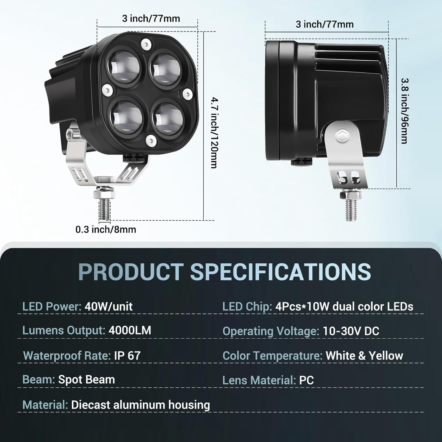 Audak 2Pcs 40W 3 Inch Dual Color White/Yellow 4D Projector Lens LED Spot Square Driving Fog Lights for SUV Truck Pickup Boat ATV UTV 4wd 4x4 Truck Boat Tractor