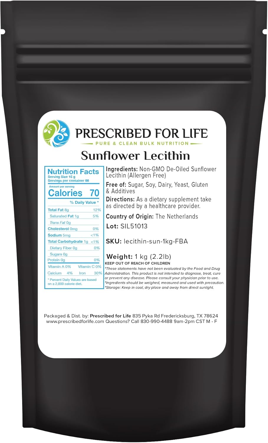 Prescribed For Life Sunflower Lecithin Powder, Unbleached, Gluten Free, Vegan, Non GMO, Soy Free, Kosher, Naturally Rich in Choline & Essential Fatty Acids (12oz / 340g)